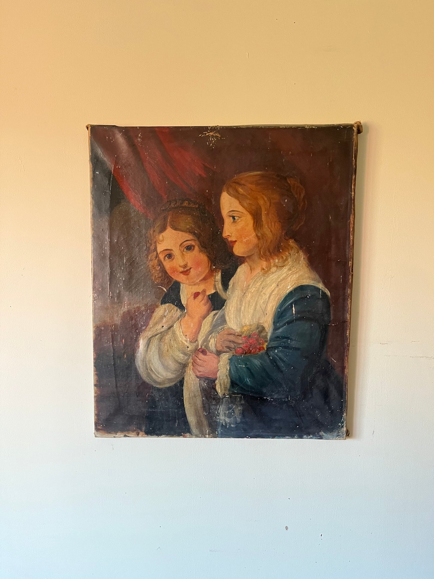 19th century portrait of 2 females, oil on canvas.