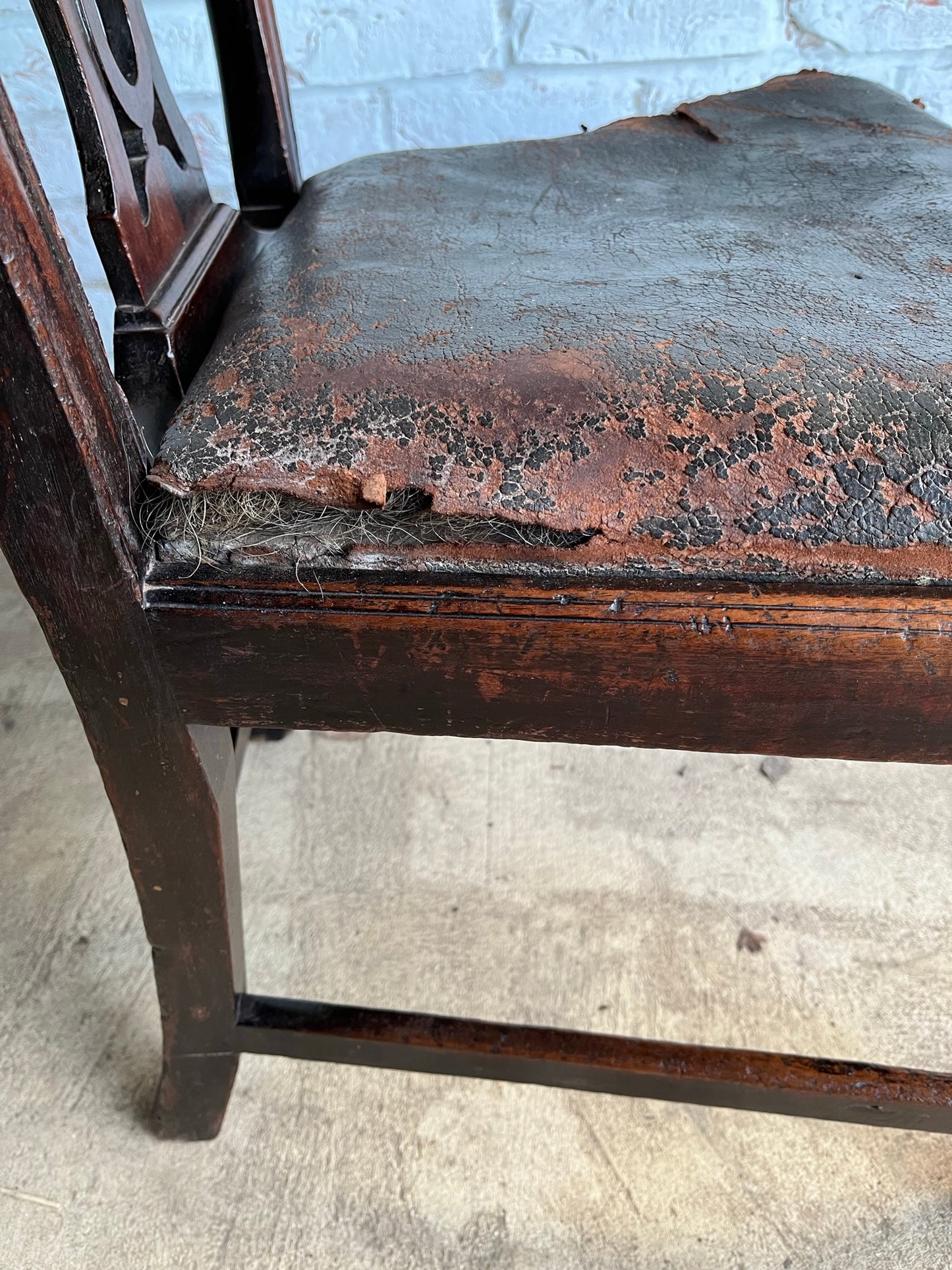 Large George III mahogany library, dining or side chair with original leather seat.