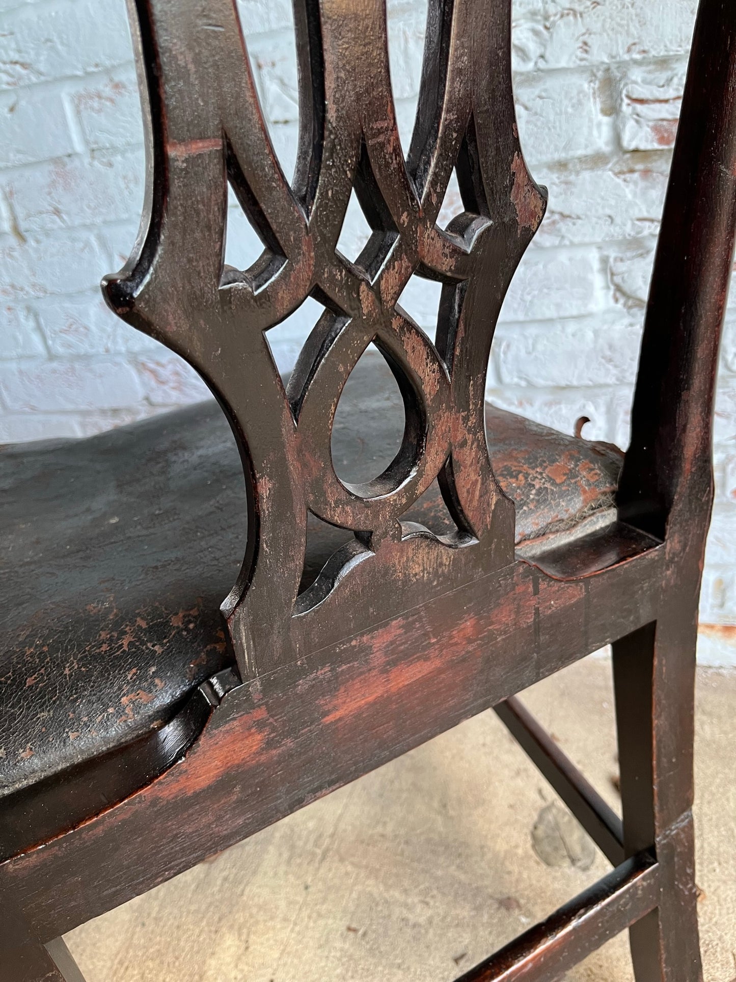 Large George III mahogany library, dining or side chair with original leather seat.