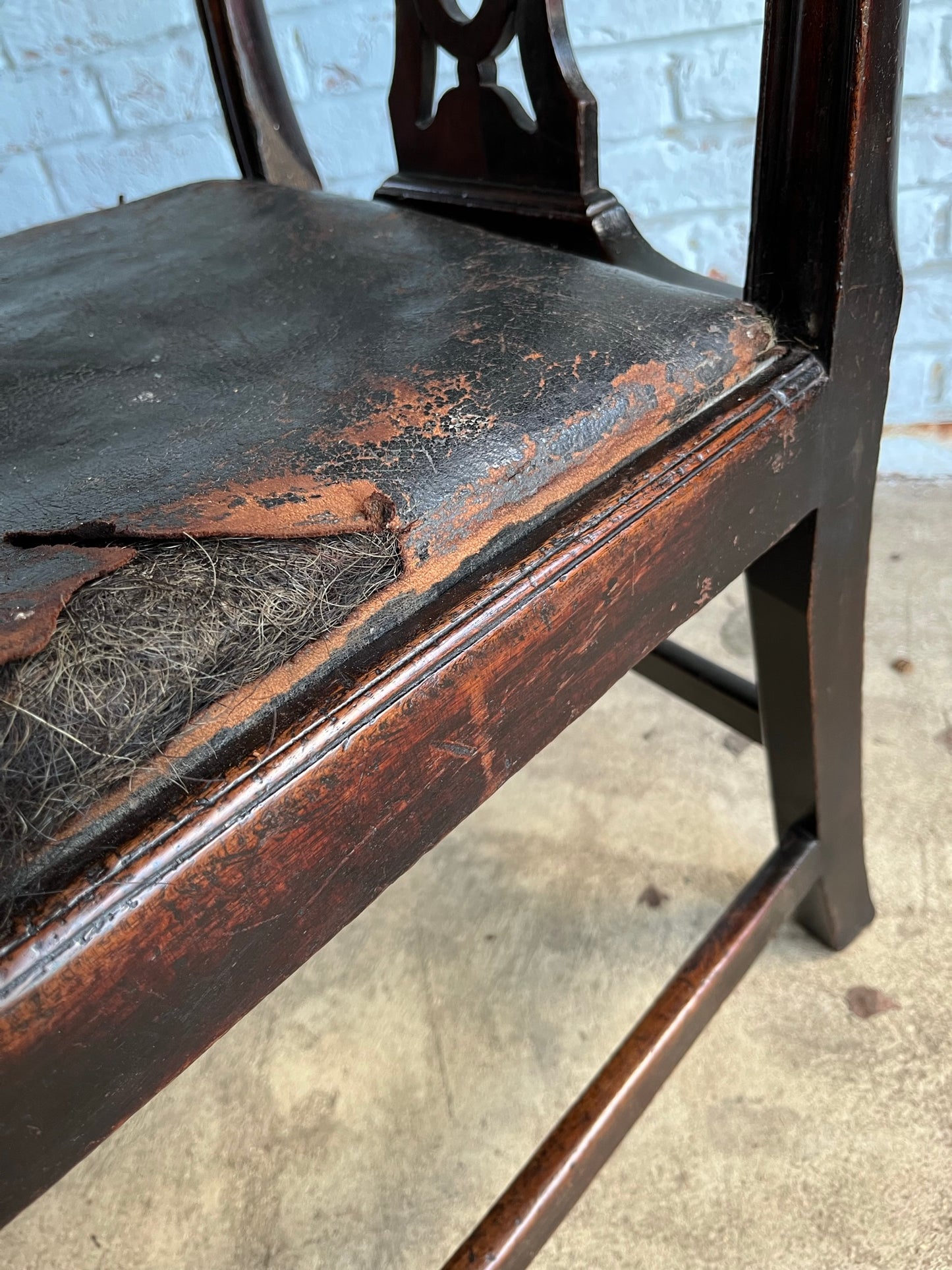 Large George III mahogany library, dining or side chair with original leather seat.