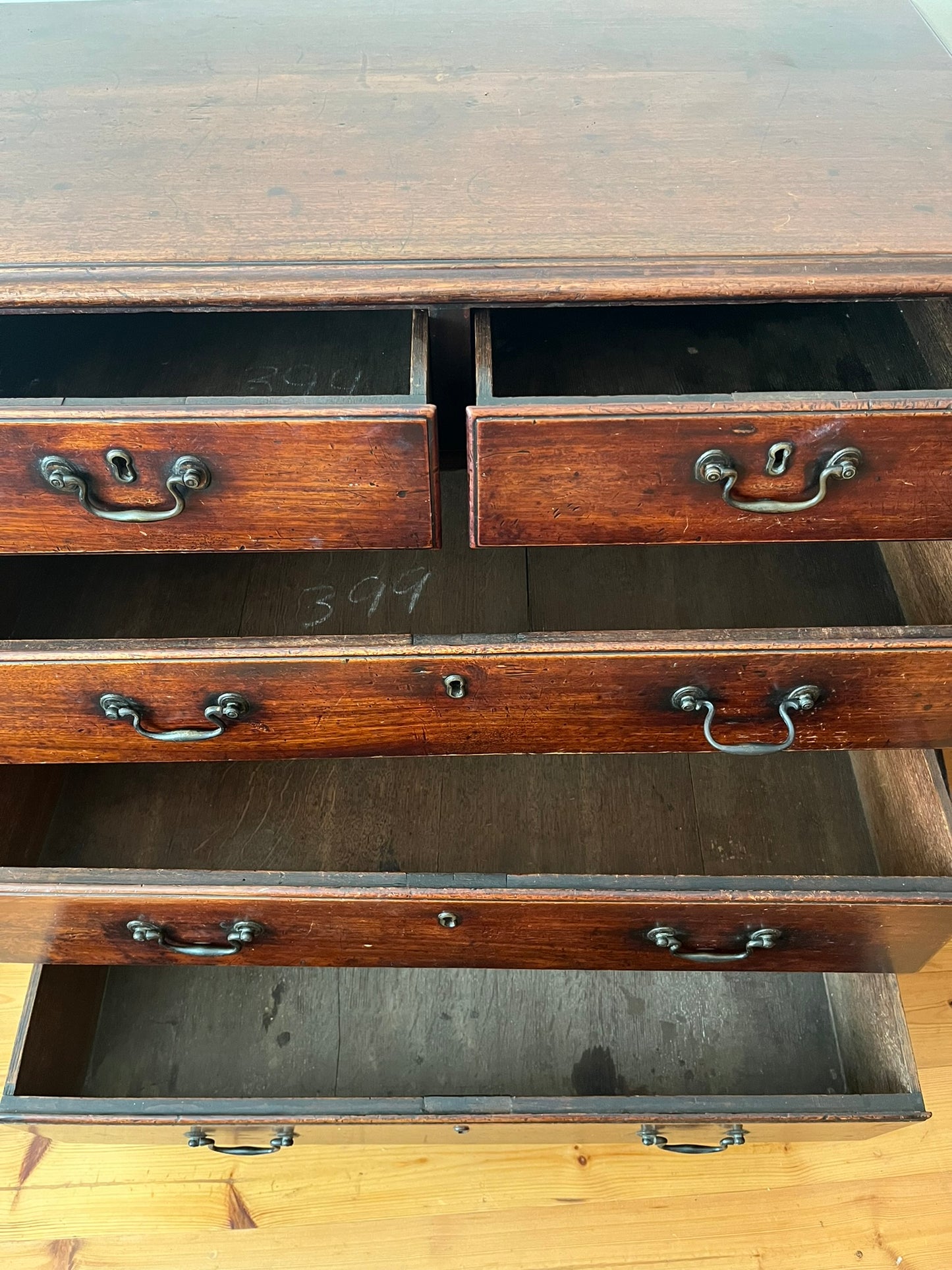 Untouched 18th century mahogany chest of drawers.