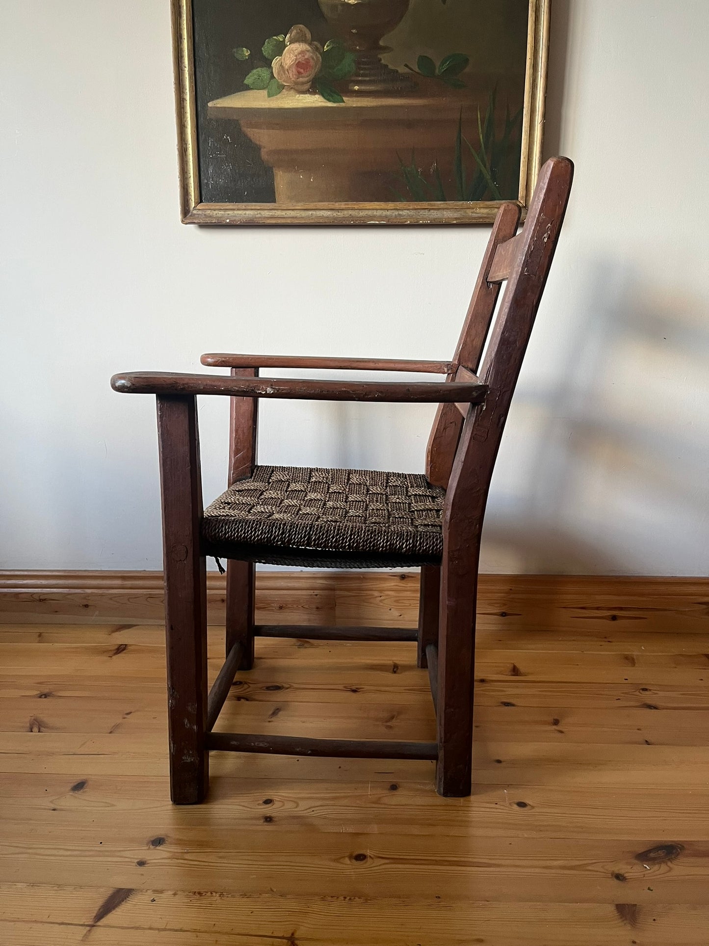 19th century Irish vernacular painted sugan armchair.