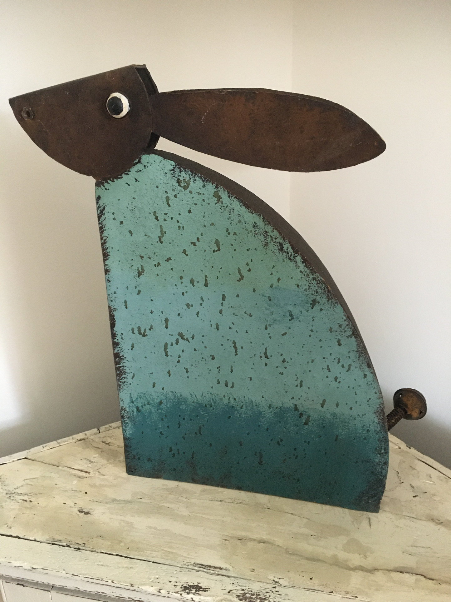 Large decorative rustic metal rabbit sculpture