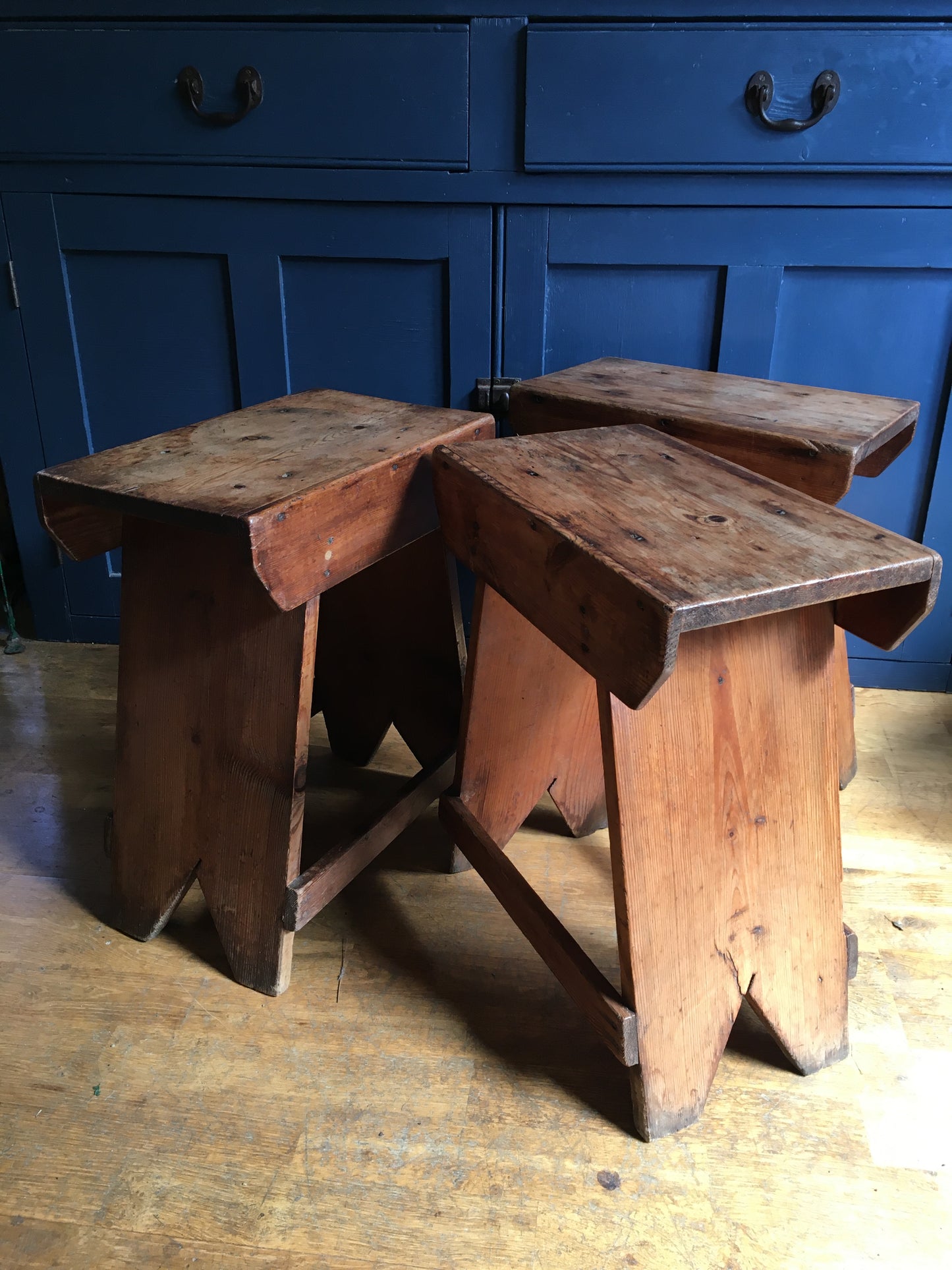 3 late 19th/early 20th century provincial pine stools or side tables.