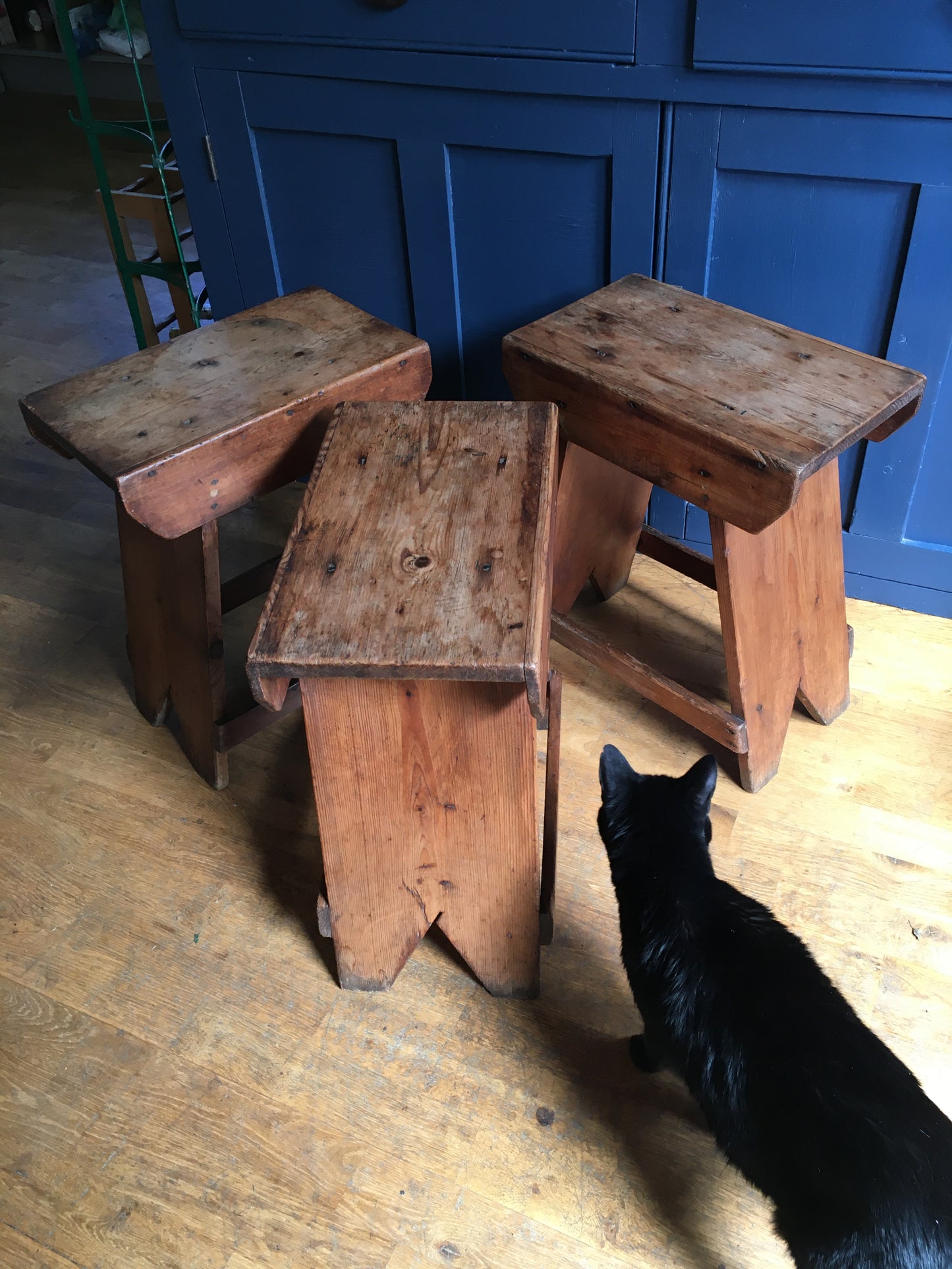 3 late 19th/early 20th century provincial pine stools or side tables.