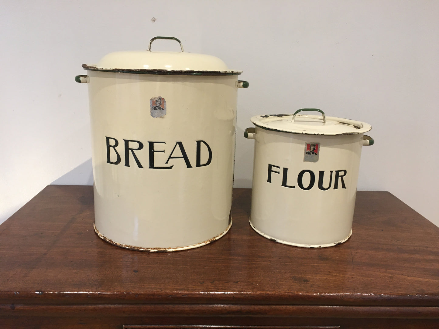 Large enamel Prince of Wares vintage bread bin with matching flour bin