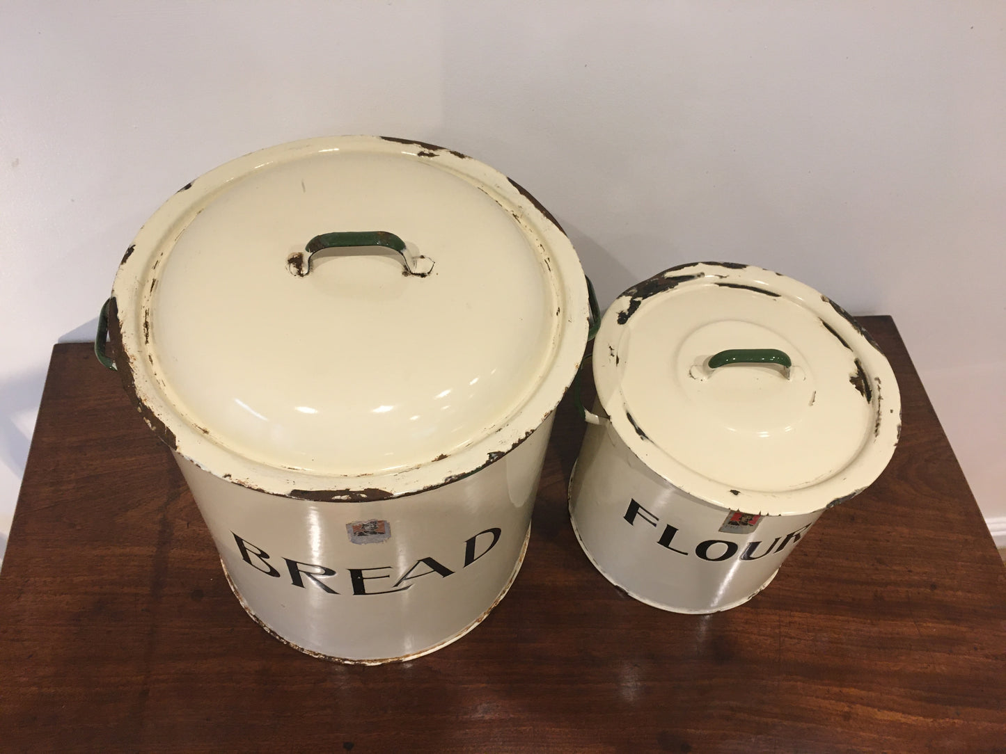 Large enamel Prince of Wares vintage bread bin with matching flour bin