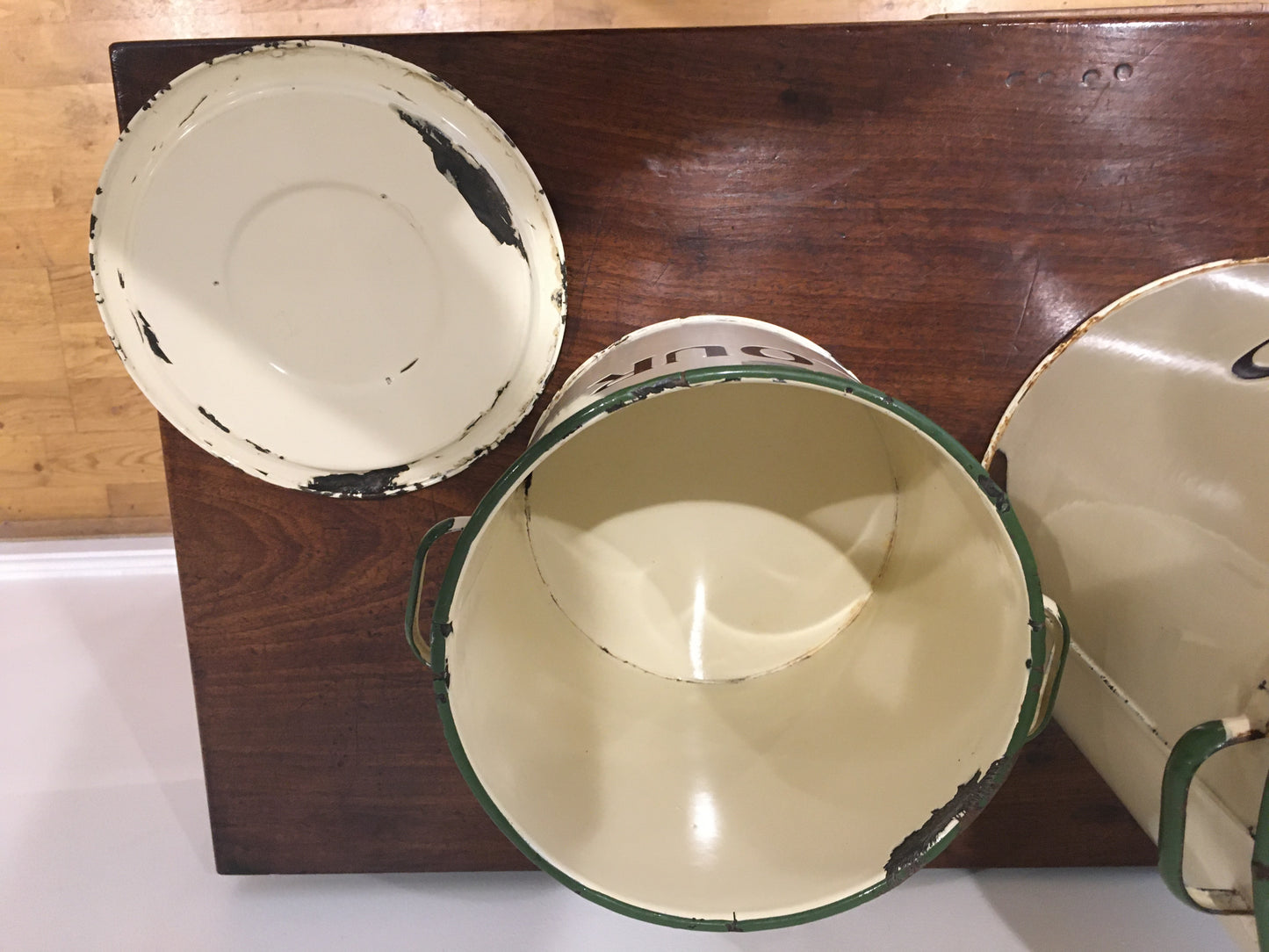 Large enamel Prince of Wares vintage bread bin with matching flour bin