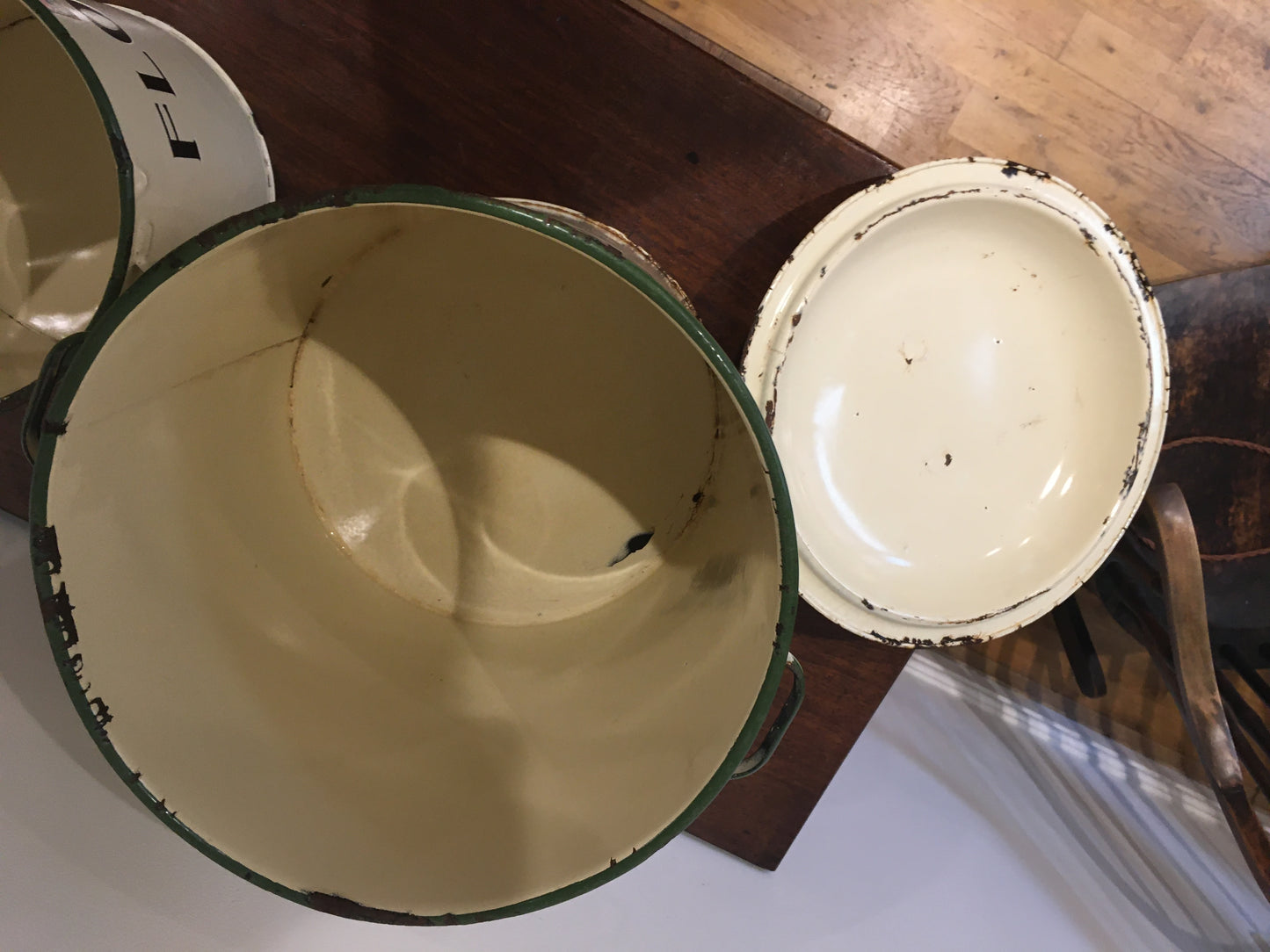 Large enamel Prince of Wares vintage bread bin with matching flour bin