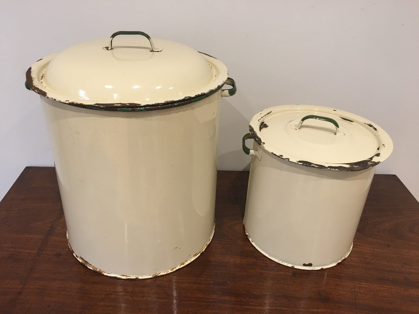Large enamel Prince of Wares vintage bread bin with matching flour bin
