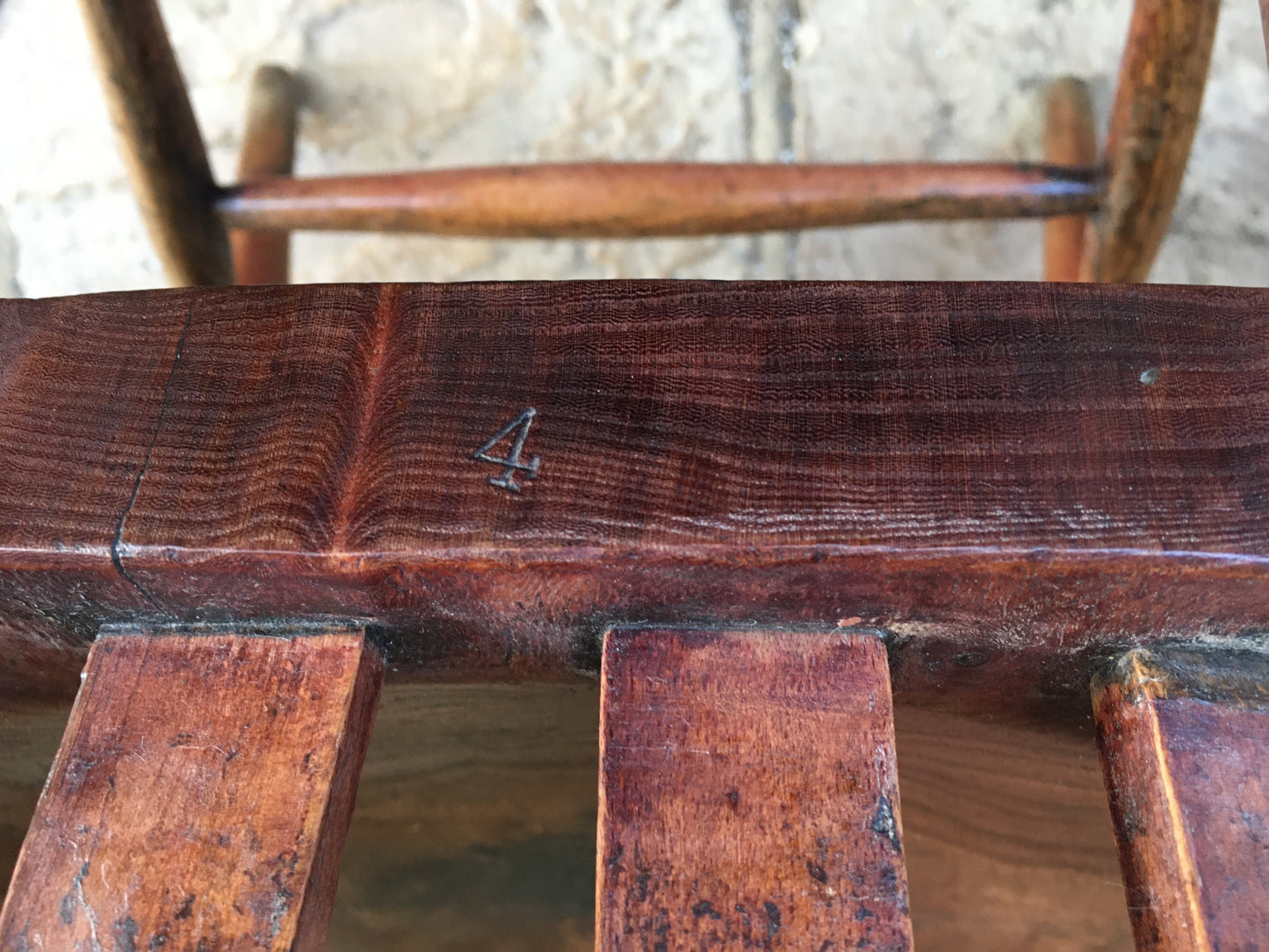Set of 4 slat or lath back Windsor kitchen chairs.