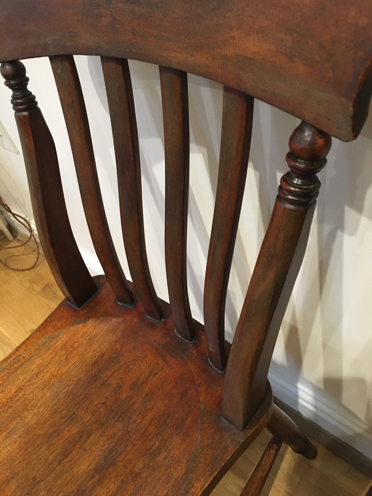 Pair of rustic lath-back Windsor kitchen chairs.