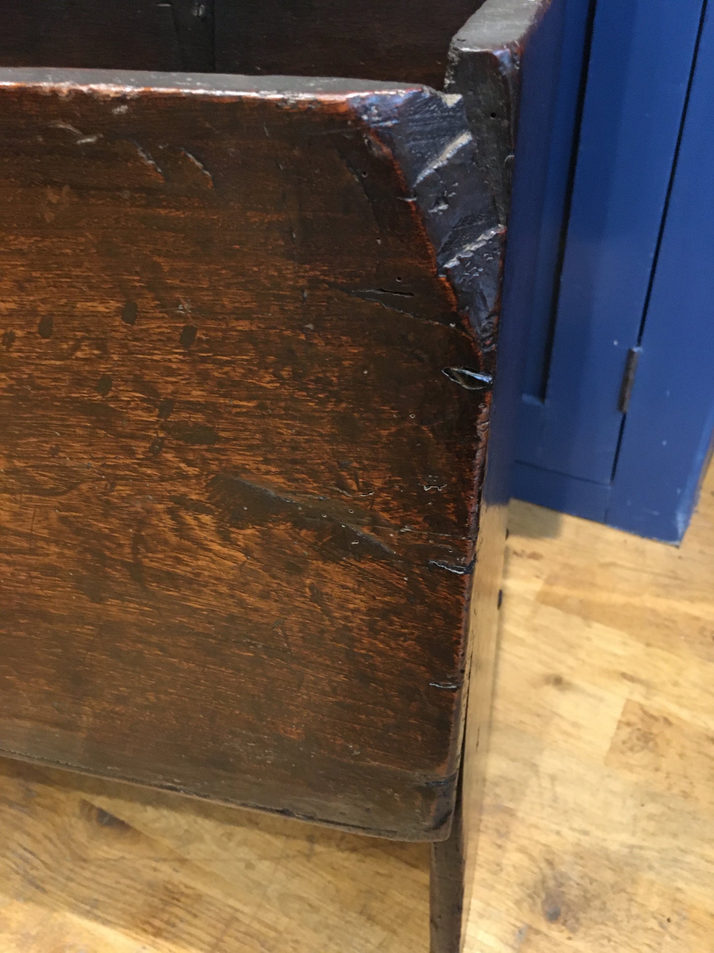 Early 18th century 6 plank oak coffer.