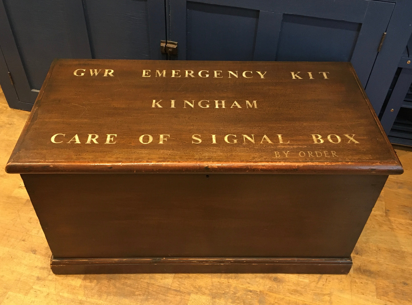 Vintage pine trunk or blanket box with inscribed lid.