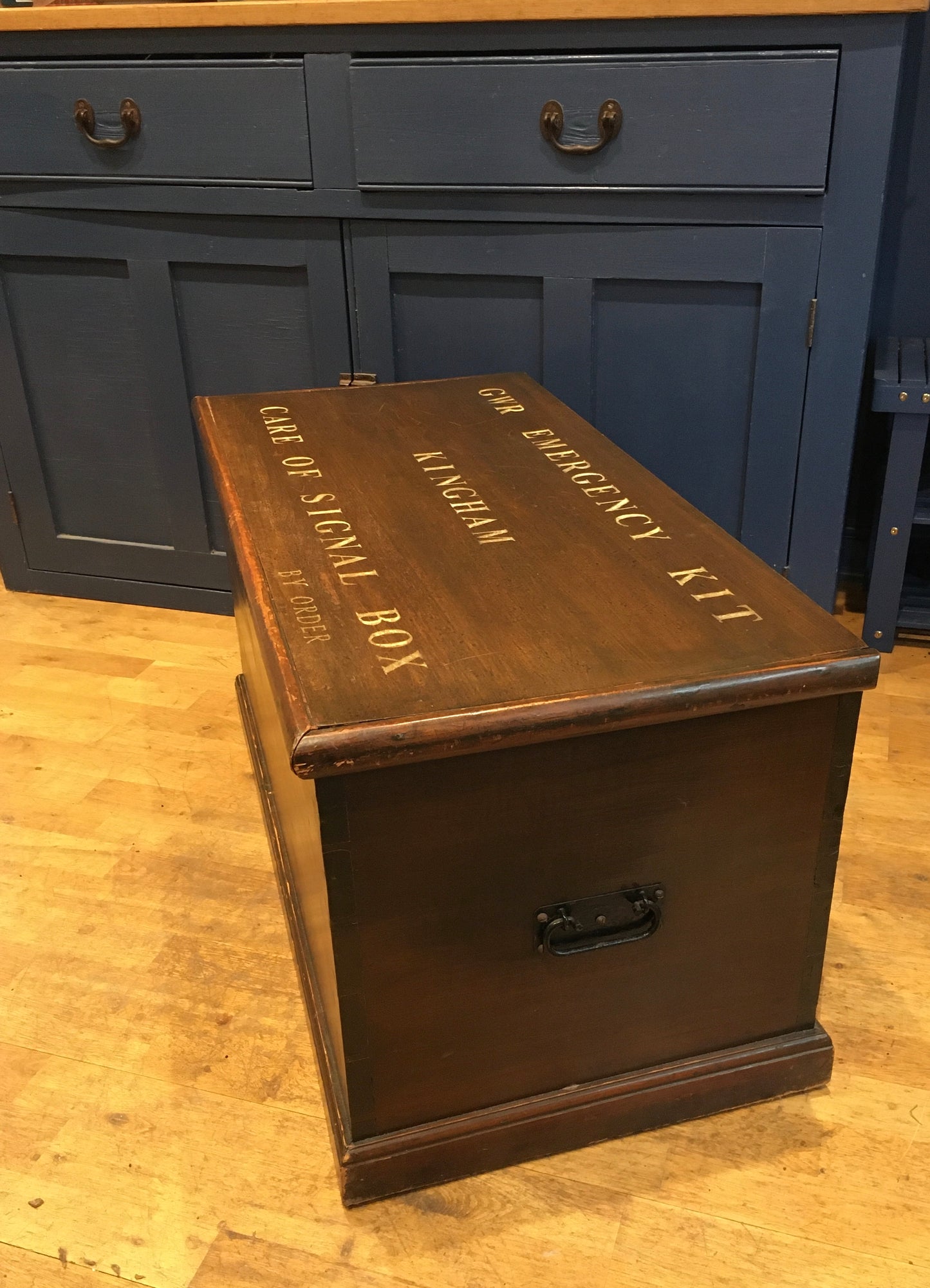 Vintage pine trunk or blanket box with inscribed lid.