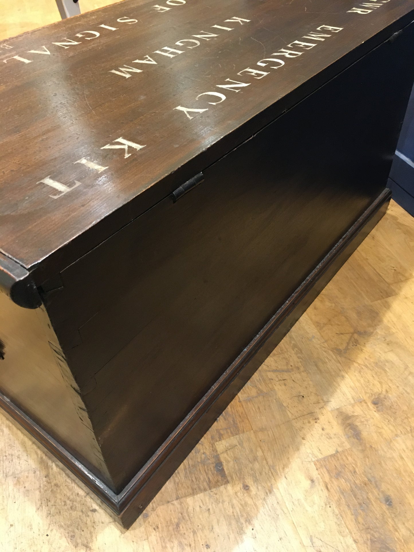 Vintage pine trunk or blanket box with inscribed lid.
