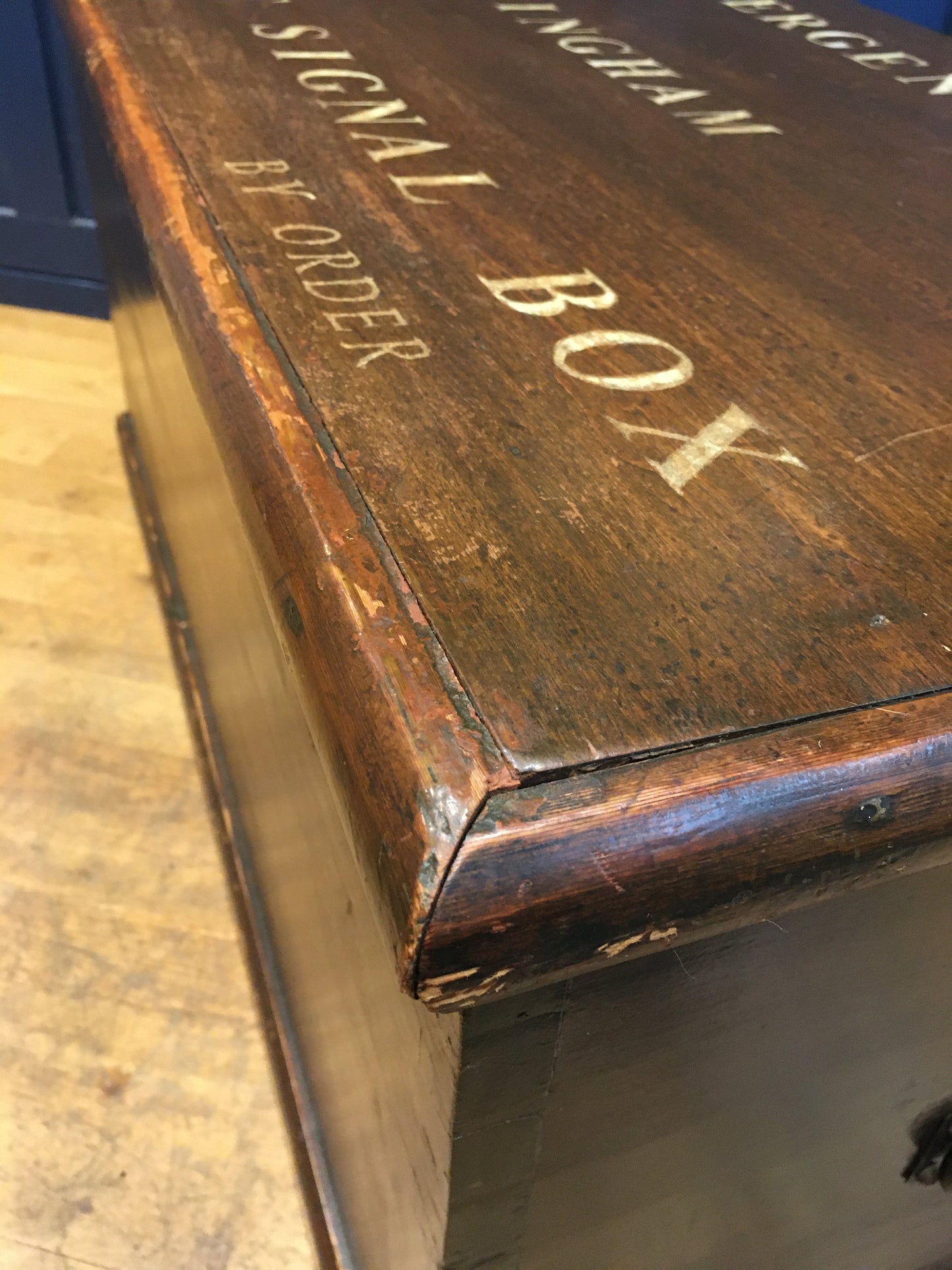 Vintage pine trunk or blanket box with inscribed lid.