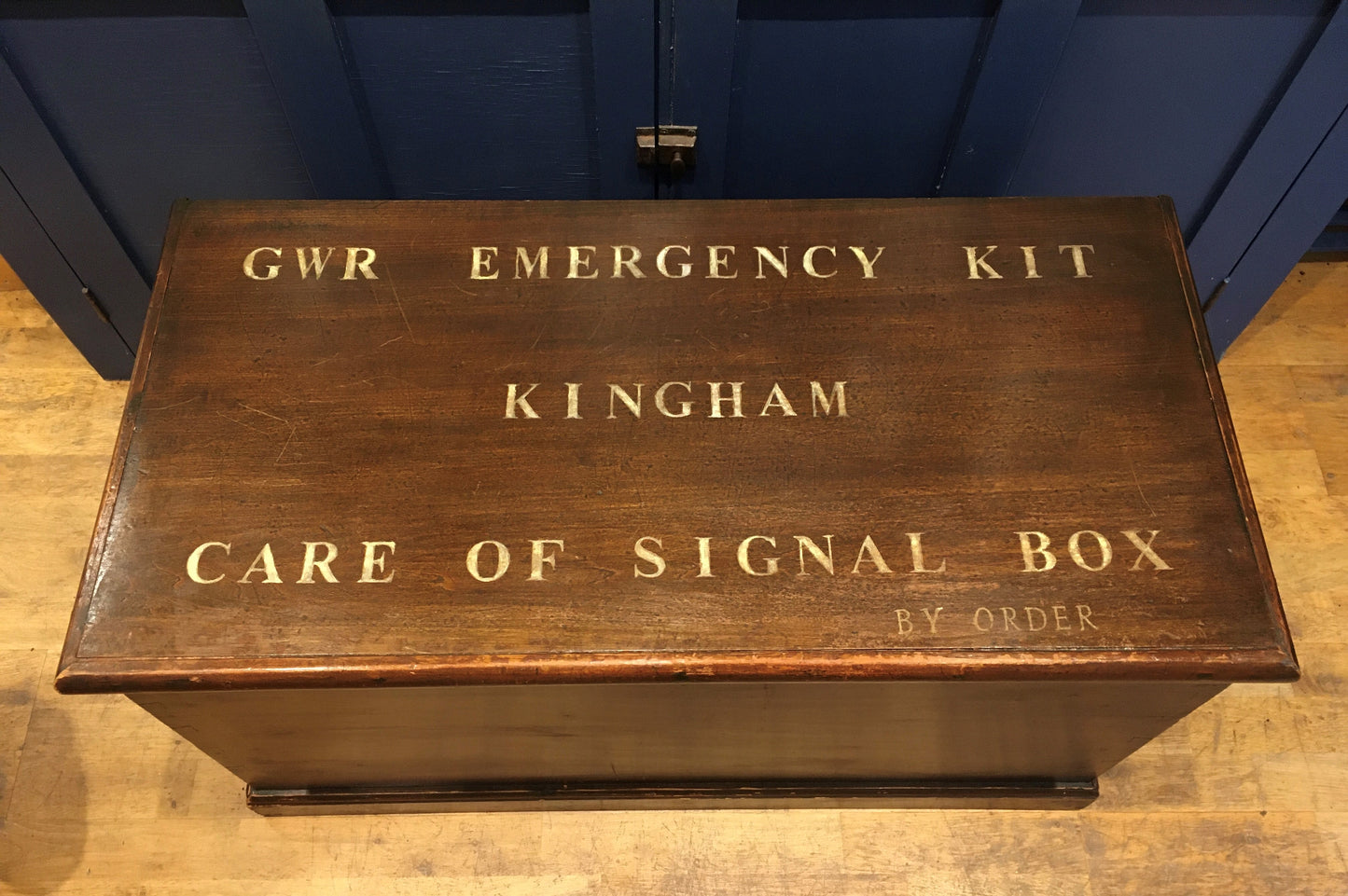 Vintage pine trunk or blanket box with inscribed lid.