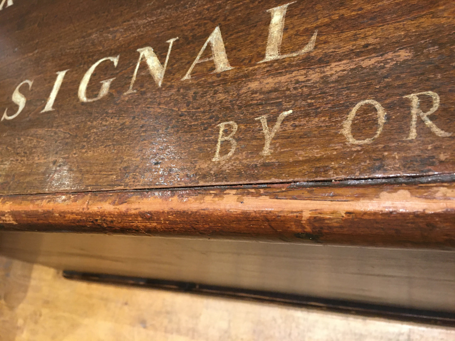 Vintage pine trunk or blanket box with inscribed lid.