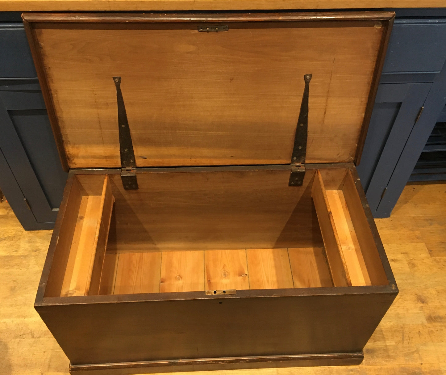 Vintage pine trunk or blanket box with inscribed lid.