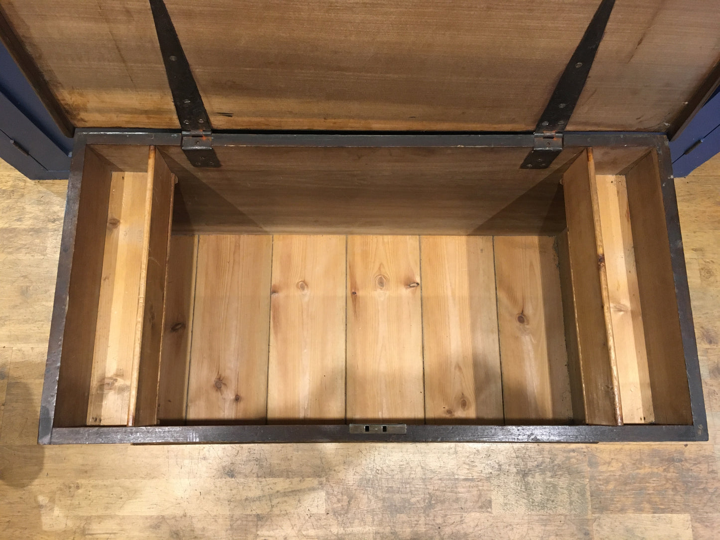 Vintage pine trunk or blanket box with inscribed lid.