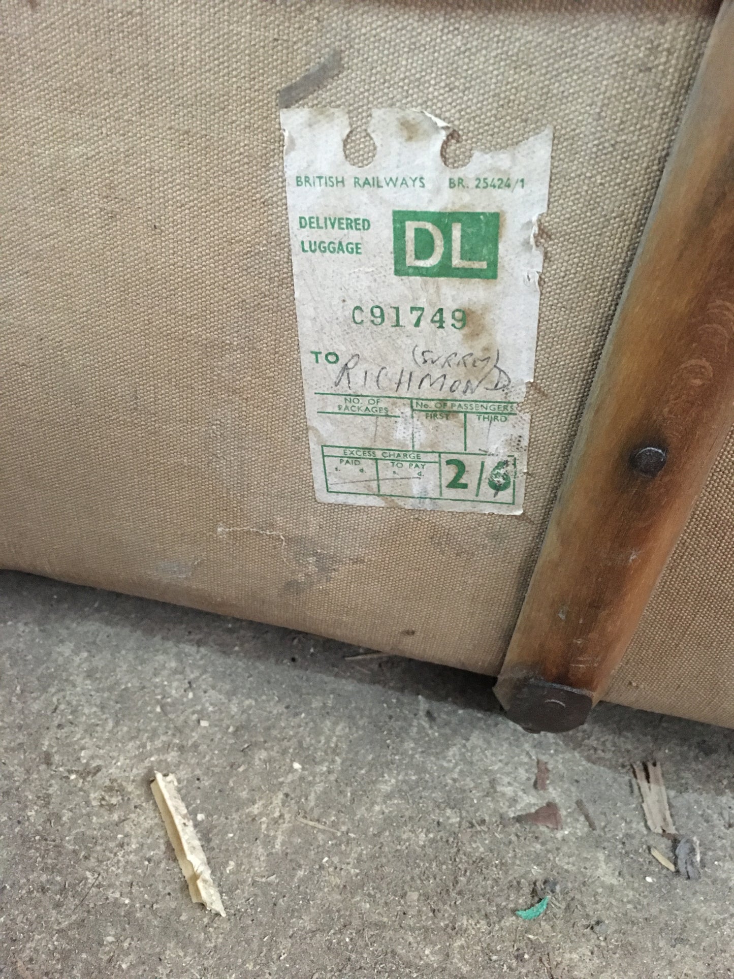 Untouched vintage steamer travel trunk with labels.