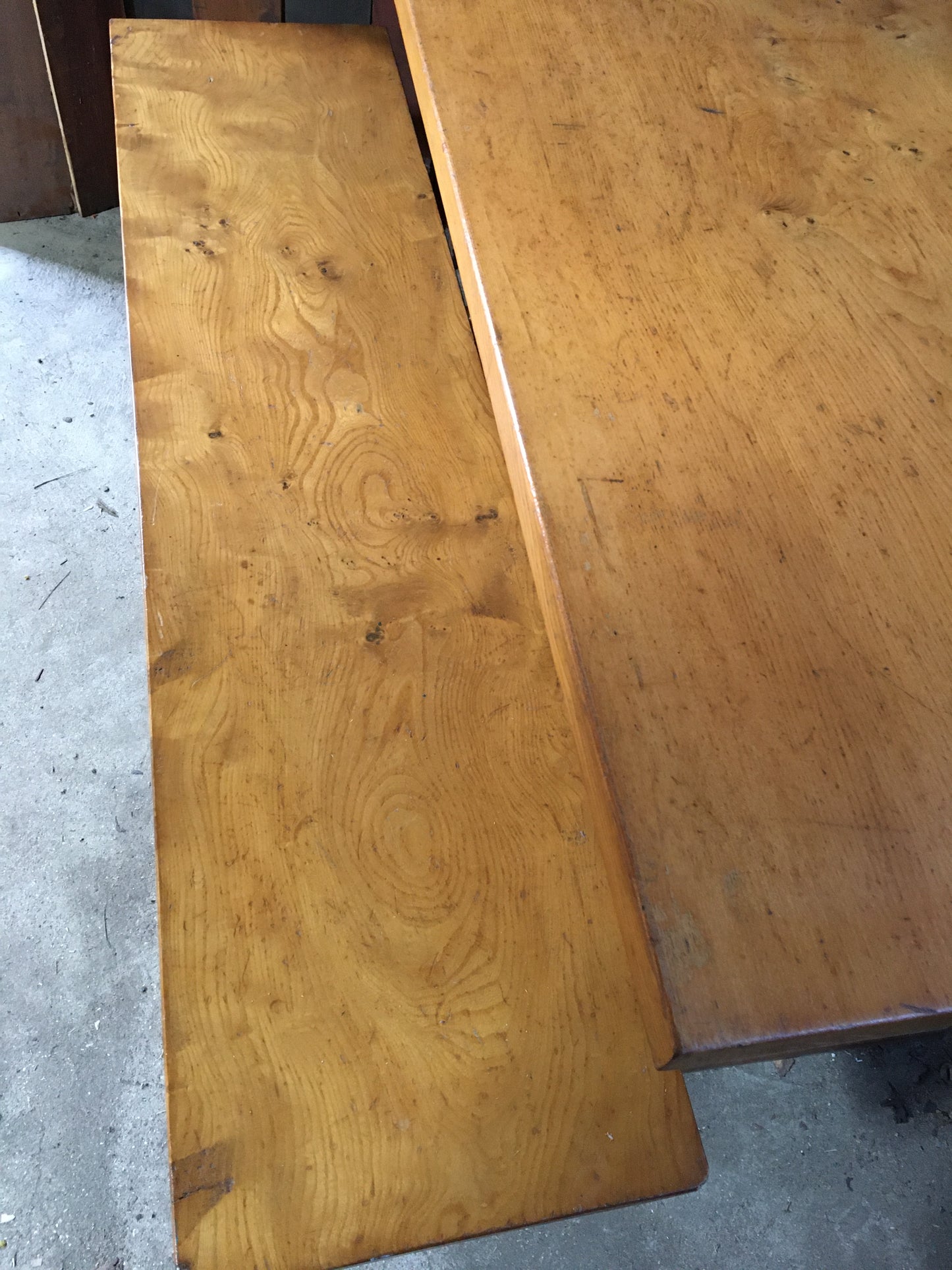 Solid, hand-made elm table and bench, early 1980s.