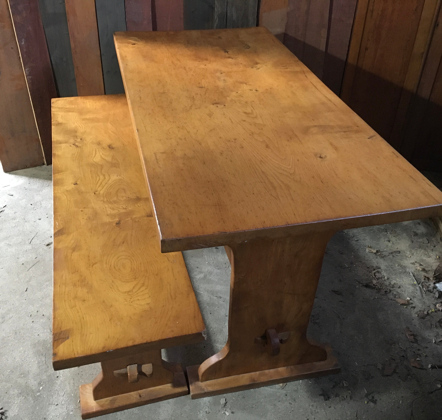 Solid, hand-made elm table and bench, early 1980s.
