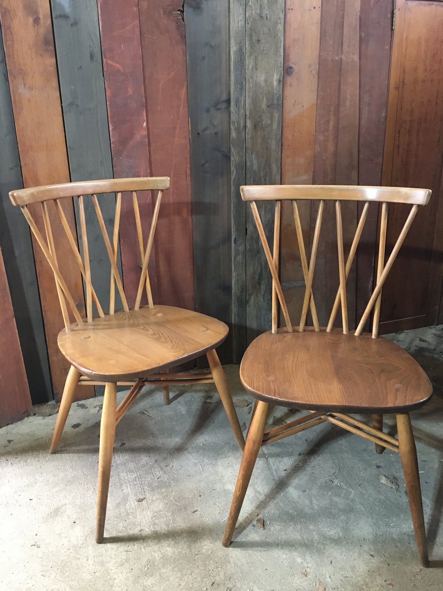 Pair of Ercol latticed 'candlestick' Windsor chairs, model 376, 1960.