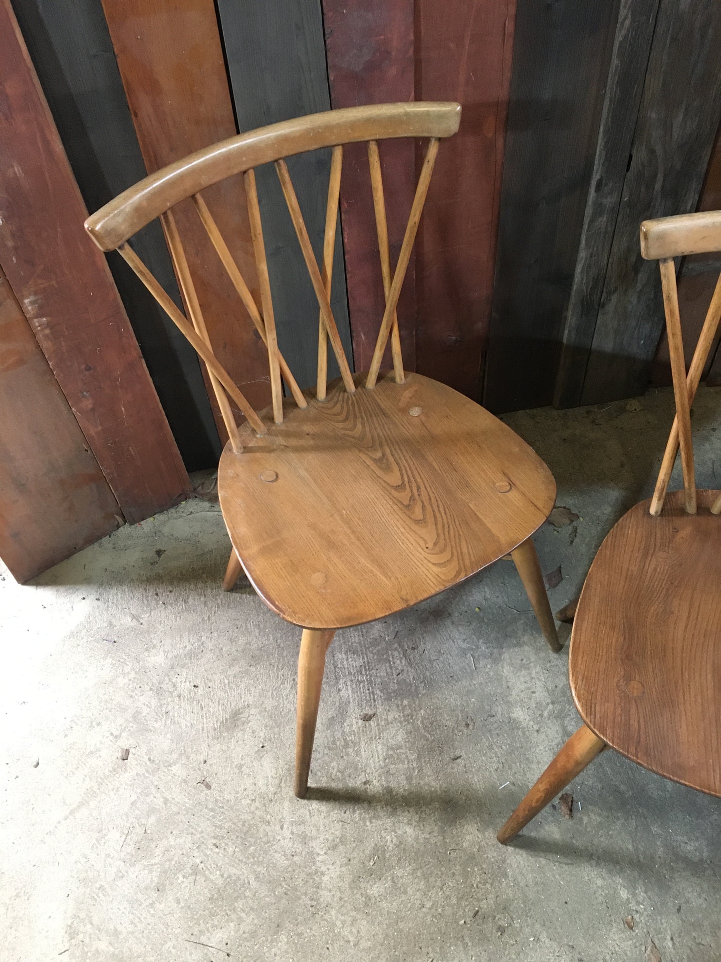 Pair of Ercol latticed 'candlestick' Windsor chairs, model 376, 1960.