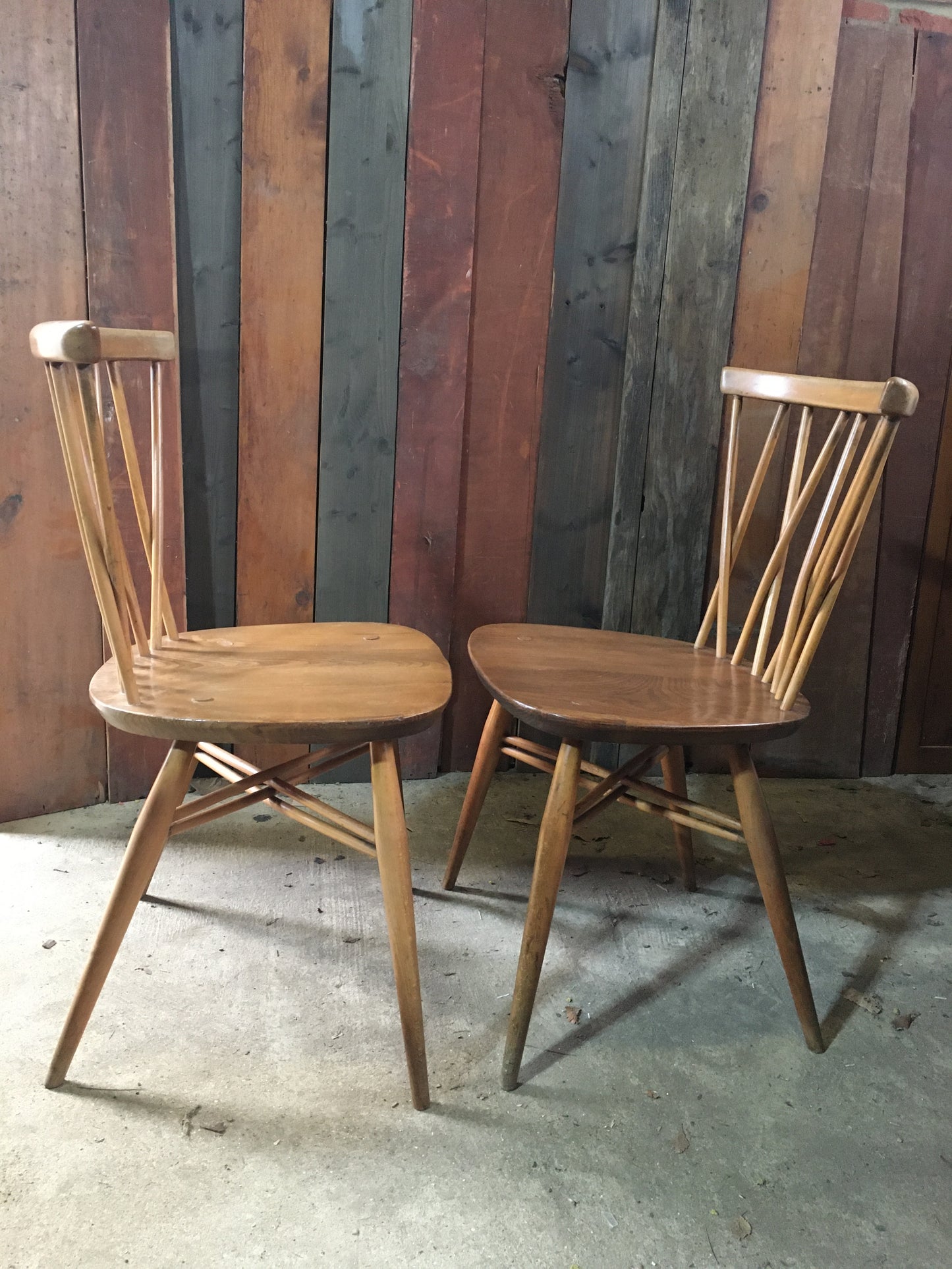 Pair of Ercol latticed 'candlestick' Windsor chairs, model 376, 1960.