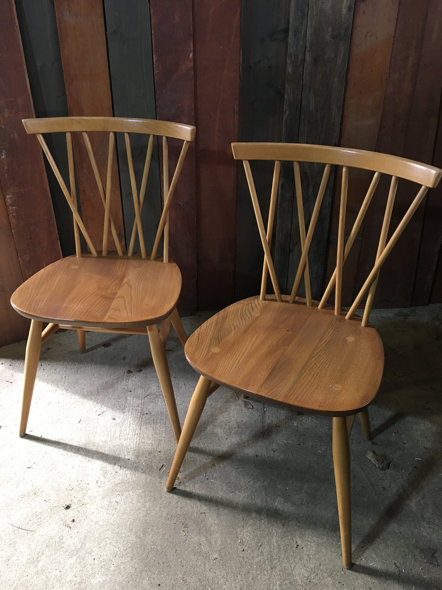 Pair of Ercol latticed 'candlestick' Windsor chairs, model 376, 1978.