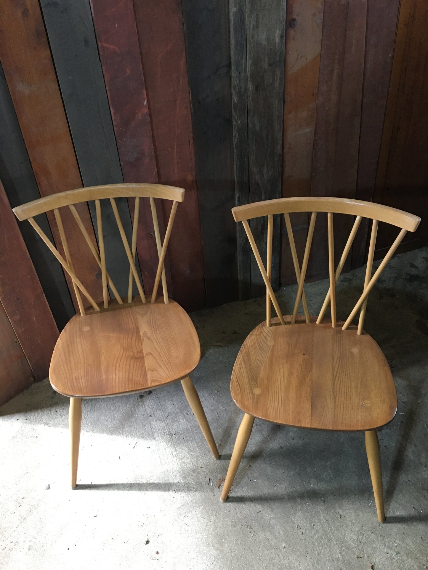 Pair of Ercol latticed 'candlestick' Windsor chairs, model 376, 1978.