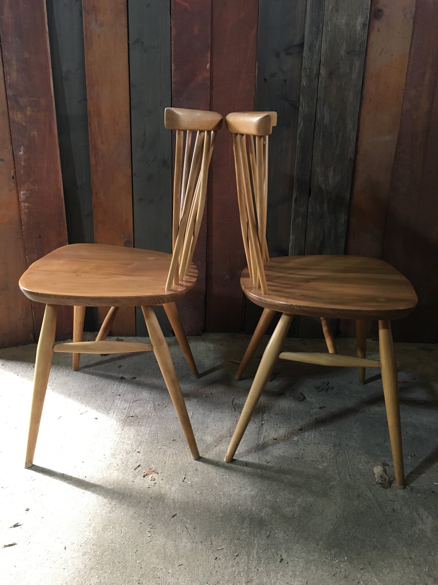 Pair of Ercol latticed 'candlestick' Windsor chairs, model 376, 1978.