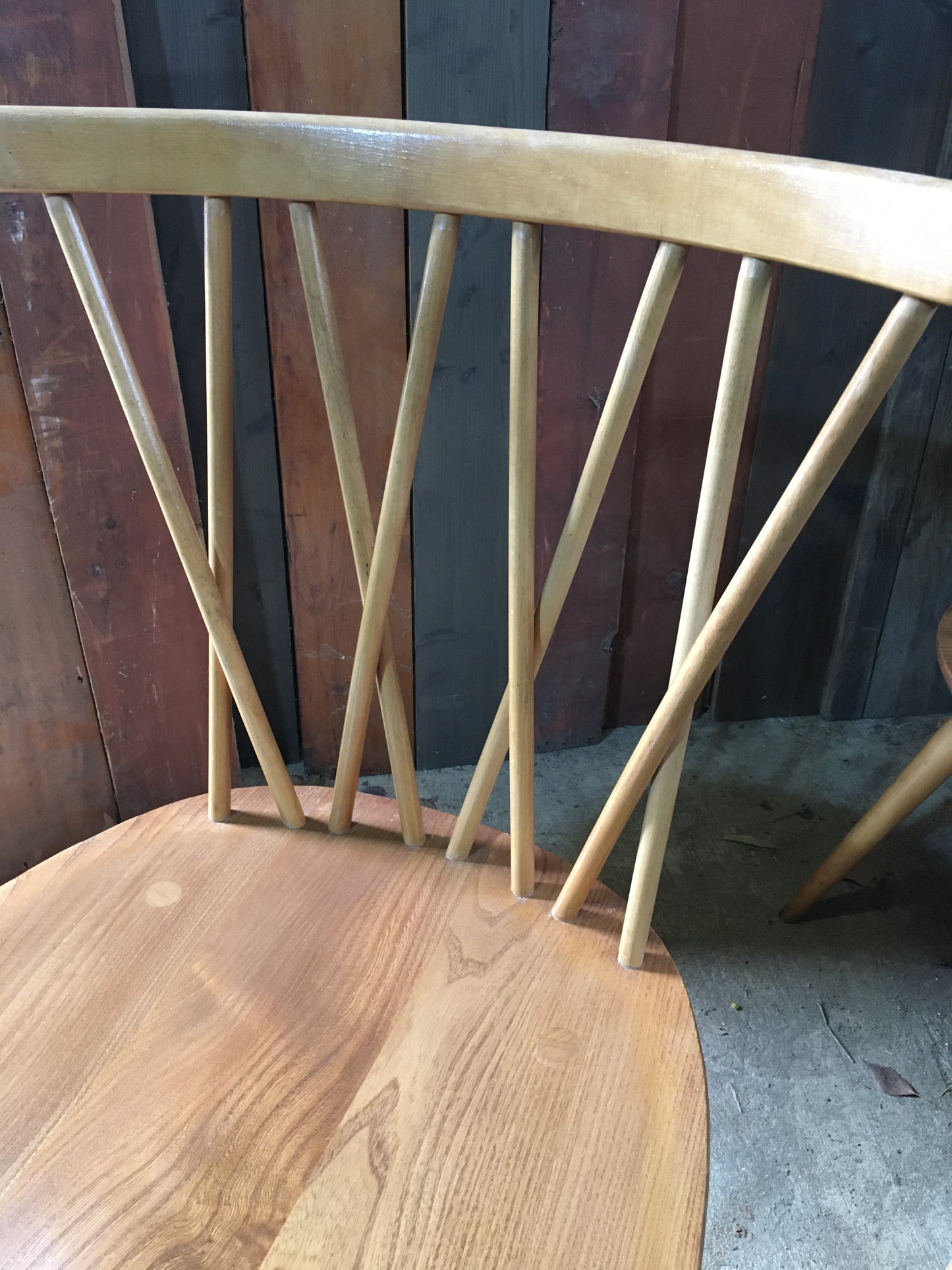 Pair of Ercol latticed 'candlestick' Windsor chairs, model 376, 1978.