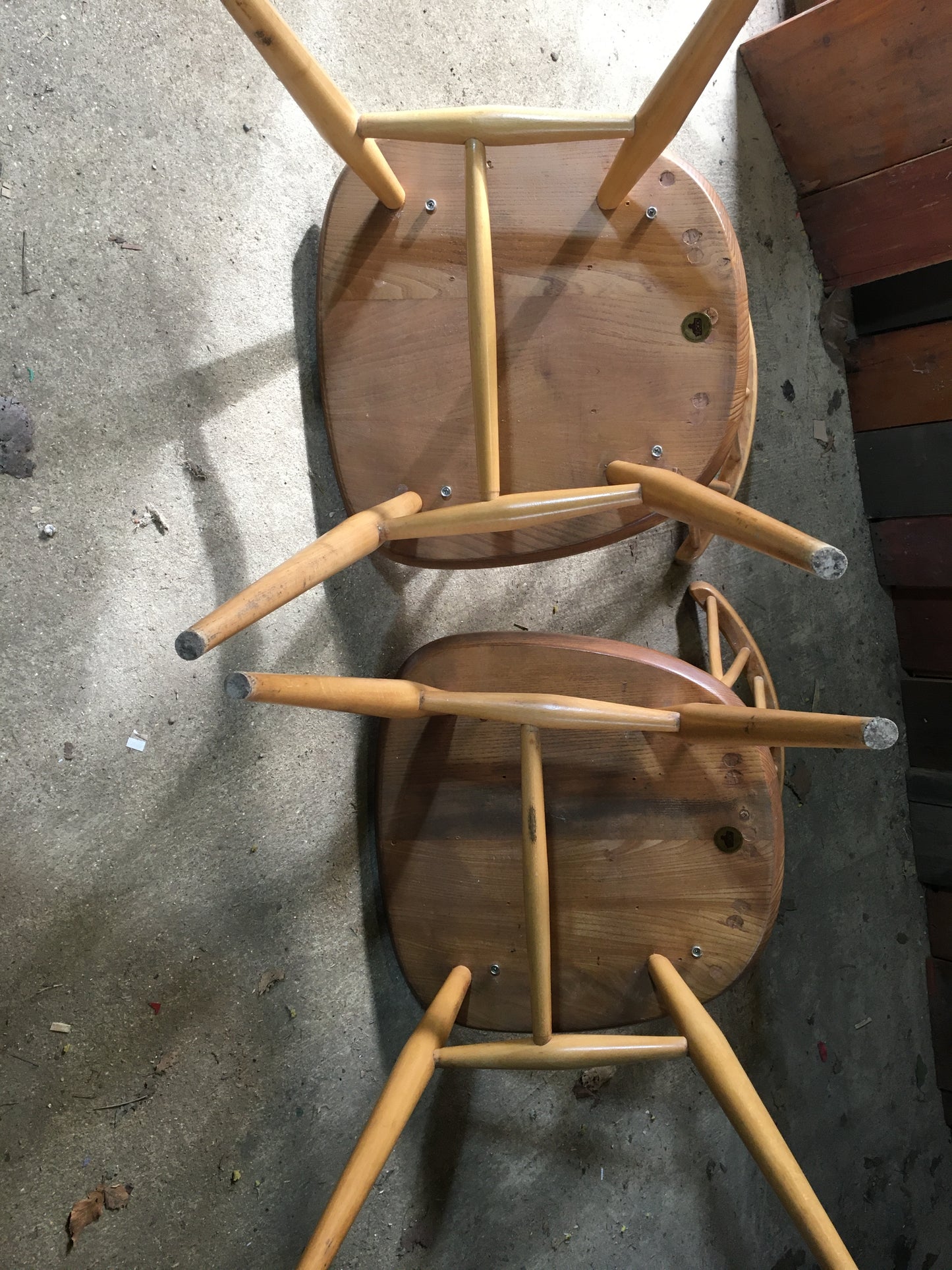 Pair of Ercol latticed 'candlestick' Windsor chairs, model 376, 1978.