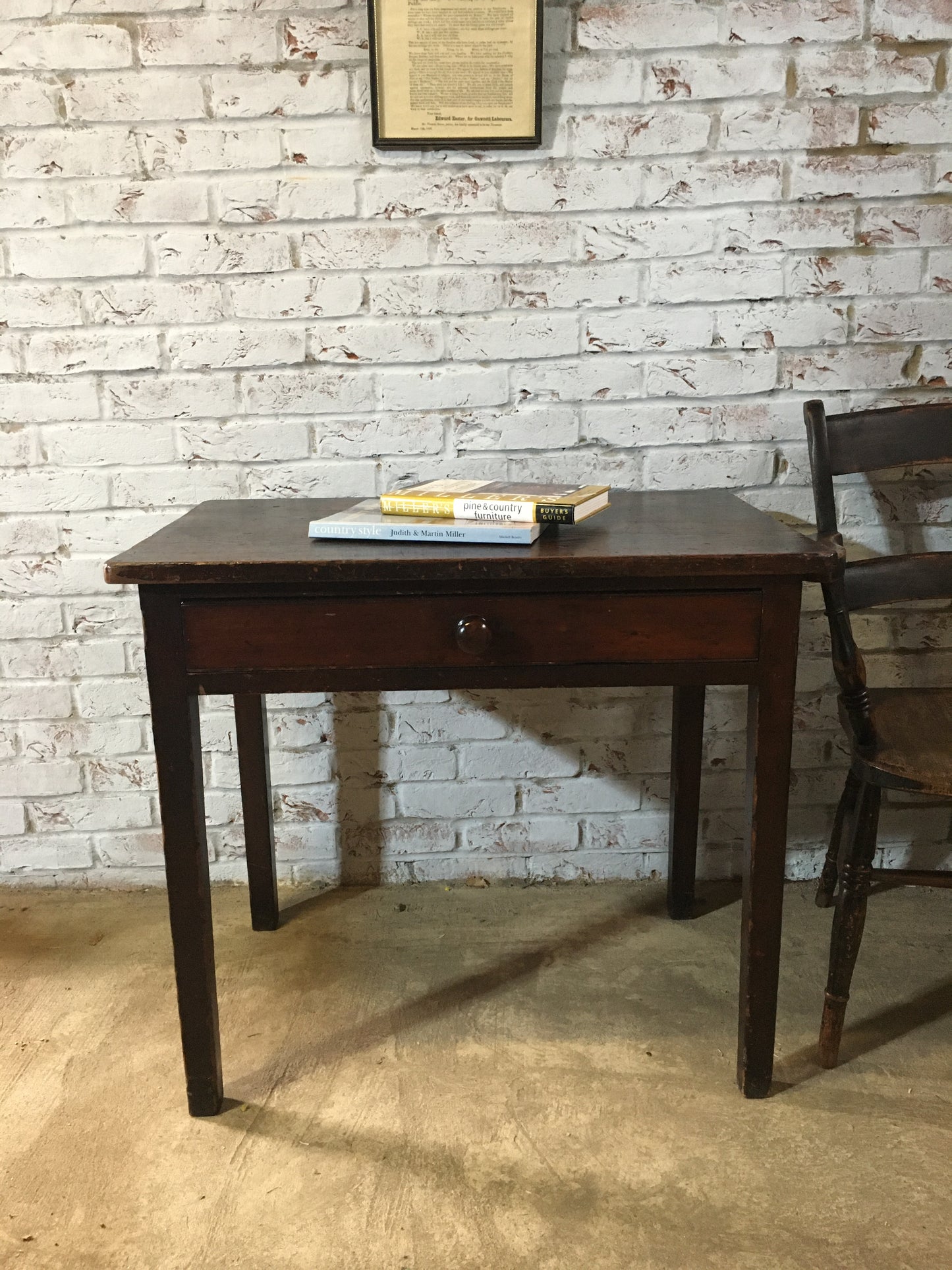 19th-century pine country table or desk with single drawer in original paint/stain.