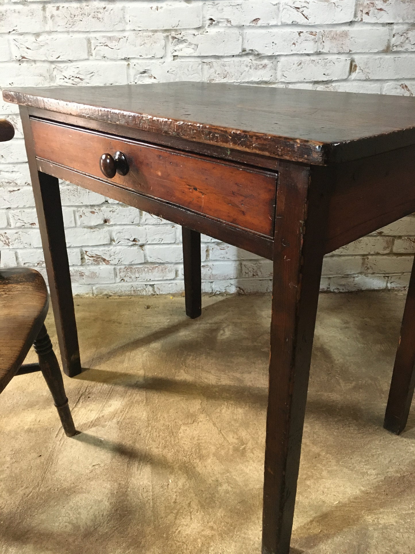 19th-century pine country table or desk with single drawer in original paint/stain.
