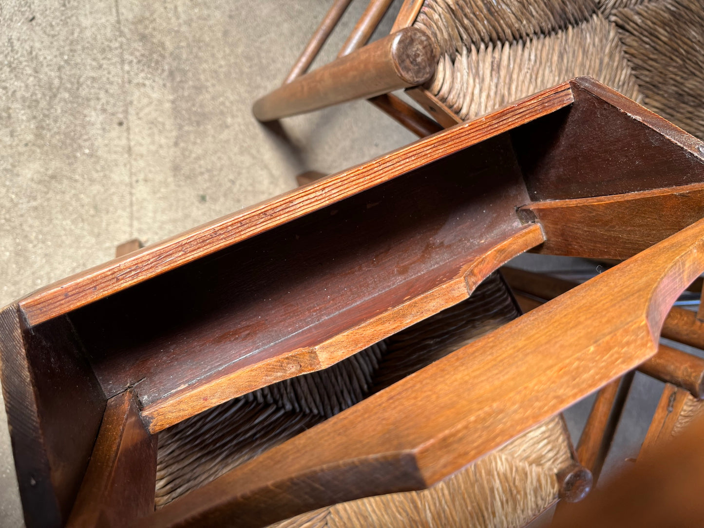 Set of four rustic early 20th century ladder back chapel chairs.