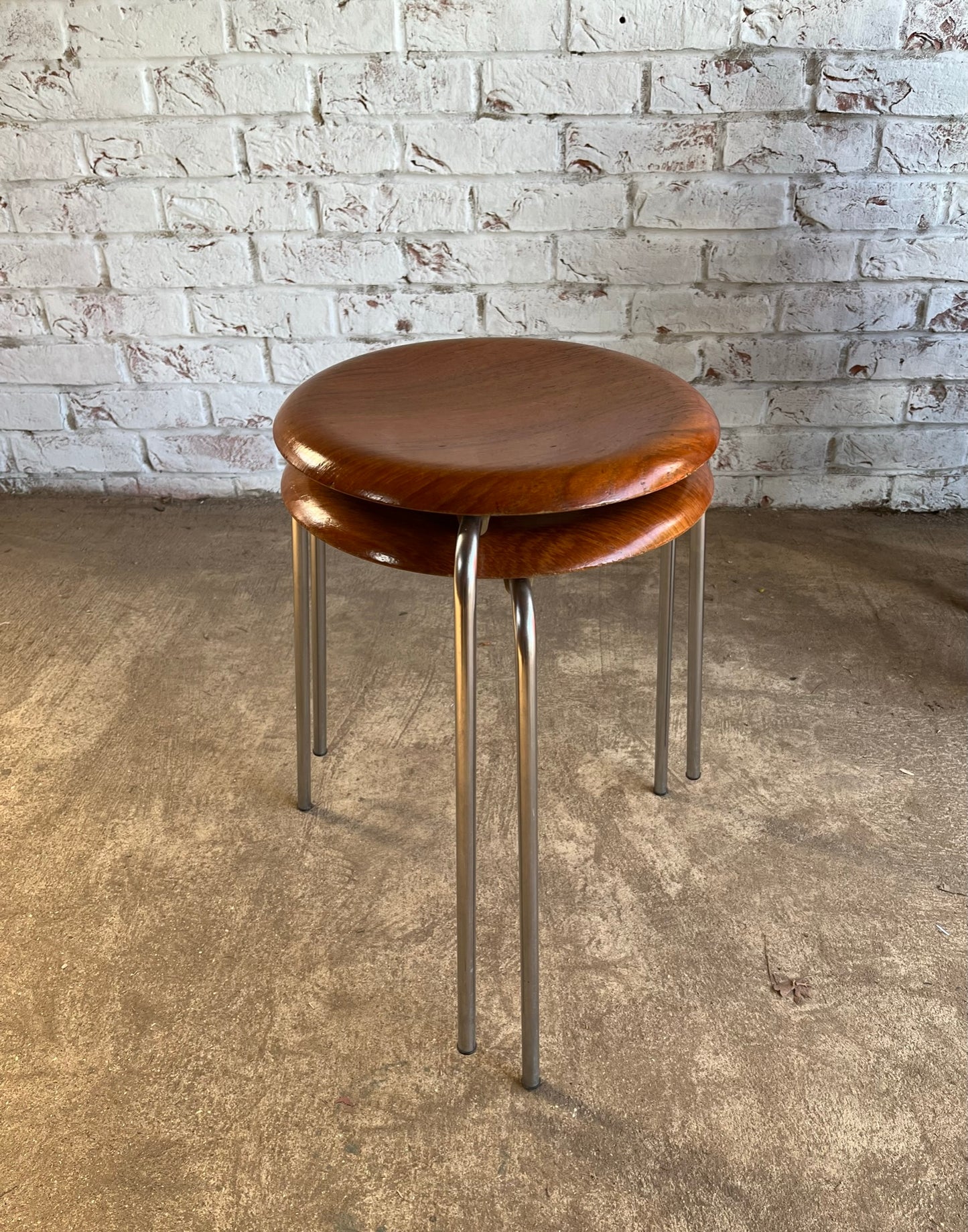 Pair of teak 1967 'Dot' stools, by Arne Jacobsen for Fritz Hansen.
