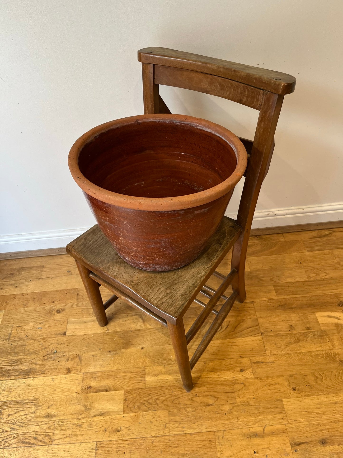 Large terracotta slip ware dairy bowl (or proofing bowl or pancheon bowl), with provenance.