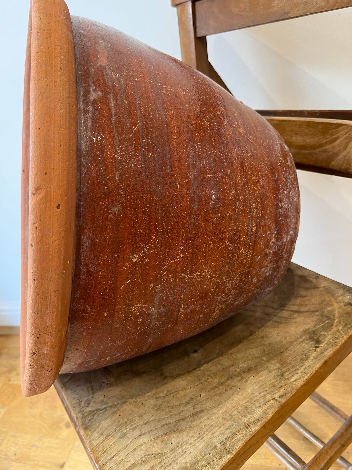 Large terracotta slip ware dairy bowl (or proofing bowl or pancheon bowl), with provenance.