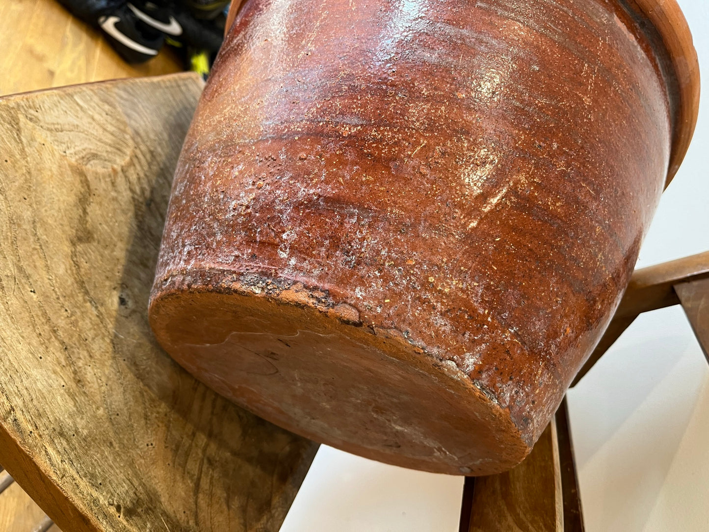Large terracotta slip ware dairy bowl (or proofing bowl or pancheon bowl), with provenance.