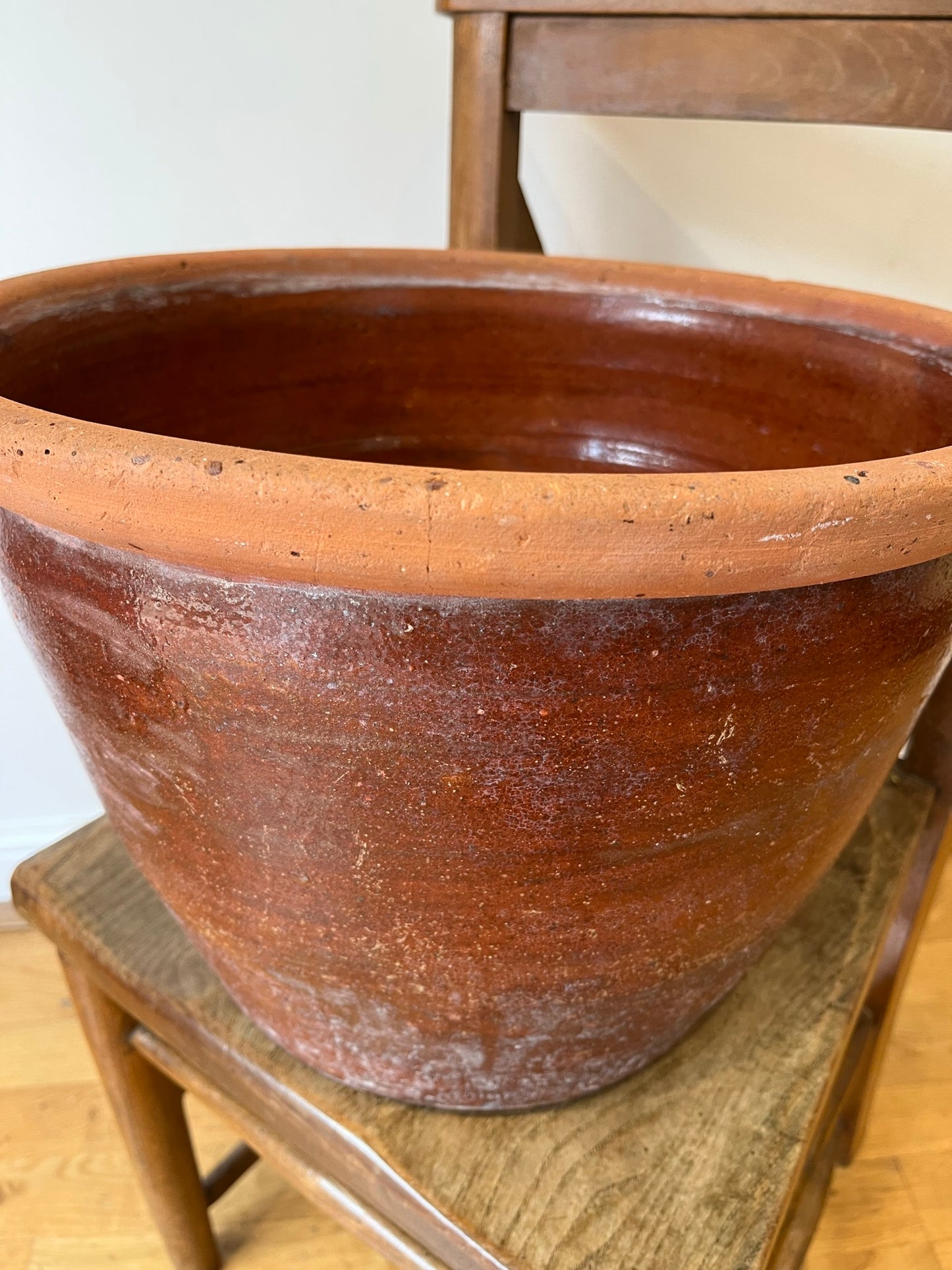 Large terracotta slip ware dairy bowl (or proofing bowl or pancheon bowl), with provenance.