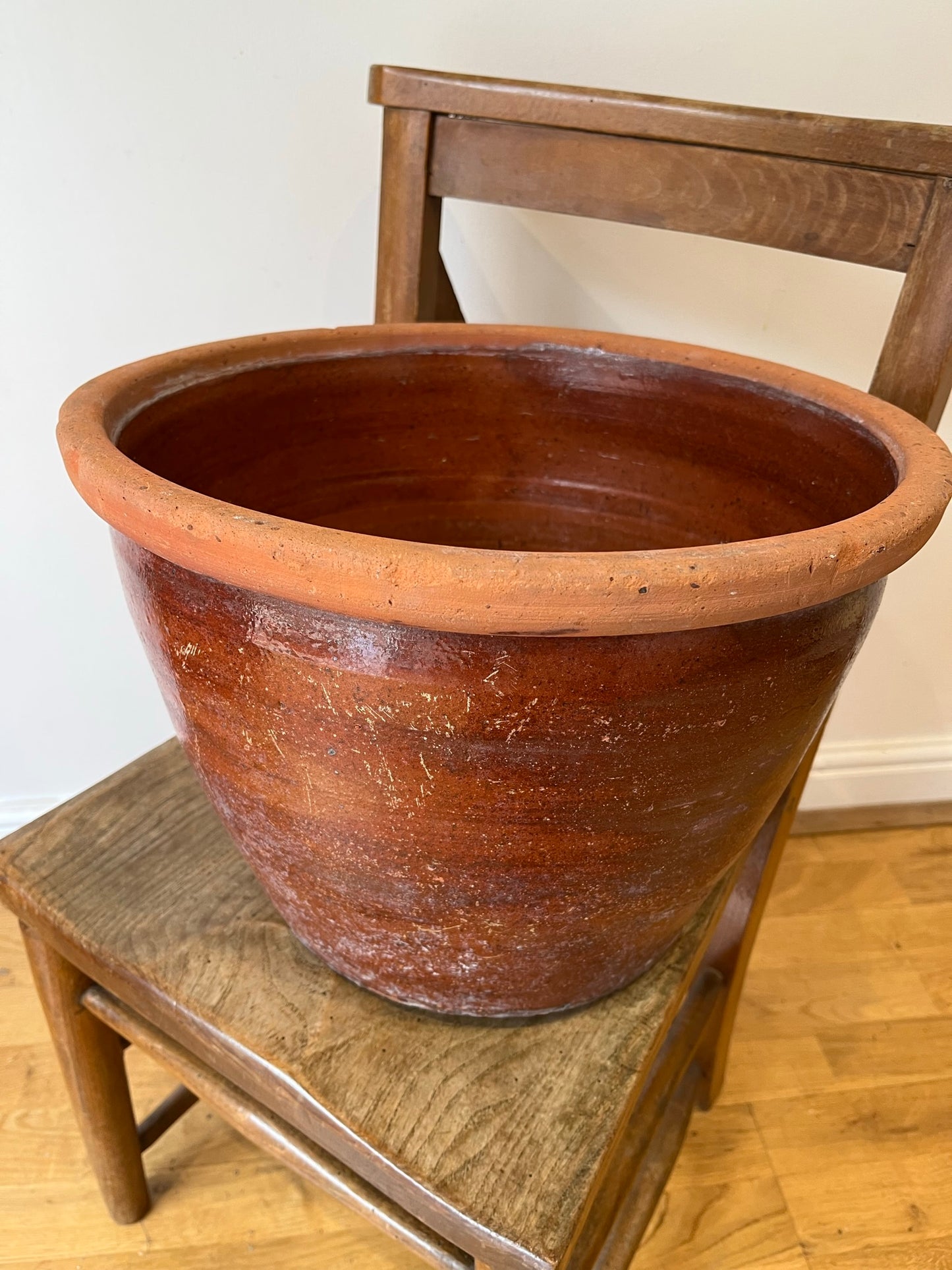 Large terracotta slip ware dairy bowl (or proofing bowl or pancheon bowl), with provenance.