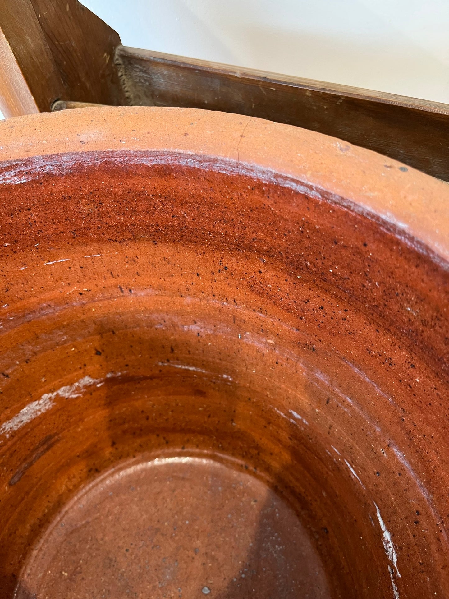 Large terracotta slip ware dairy bowl (or proofing bowl or pancheon bowl), with provenance.