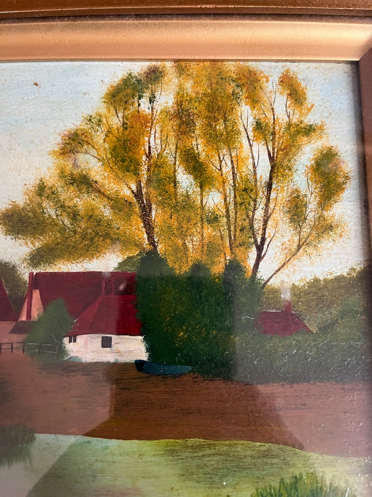 Naive/folk art/outsider art - river landscape, signed H. Young, 1918.