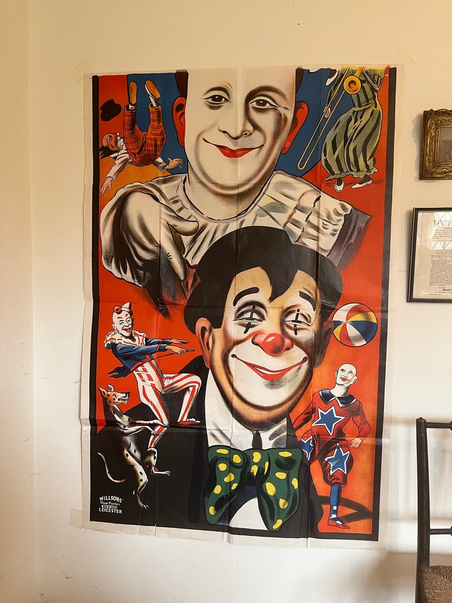 Very large original vintage circus clown advertising poster.
