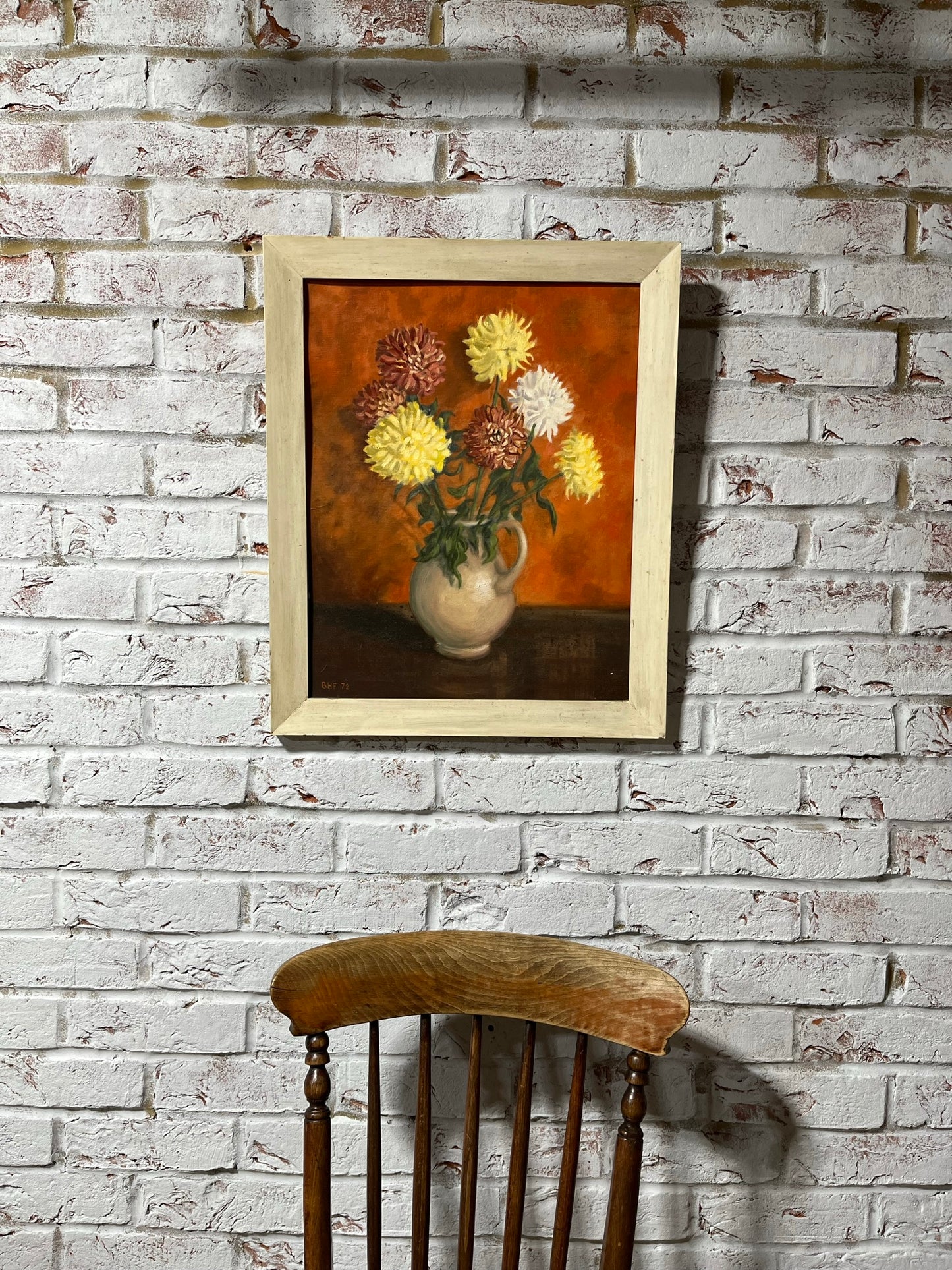 Naïve still life with Chrysanthemums, oil on board, Lord Brian Hilton Flowers, 1972.