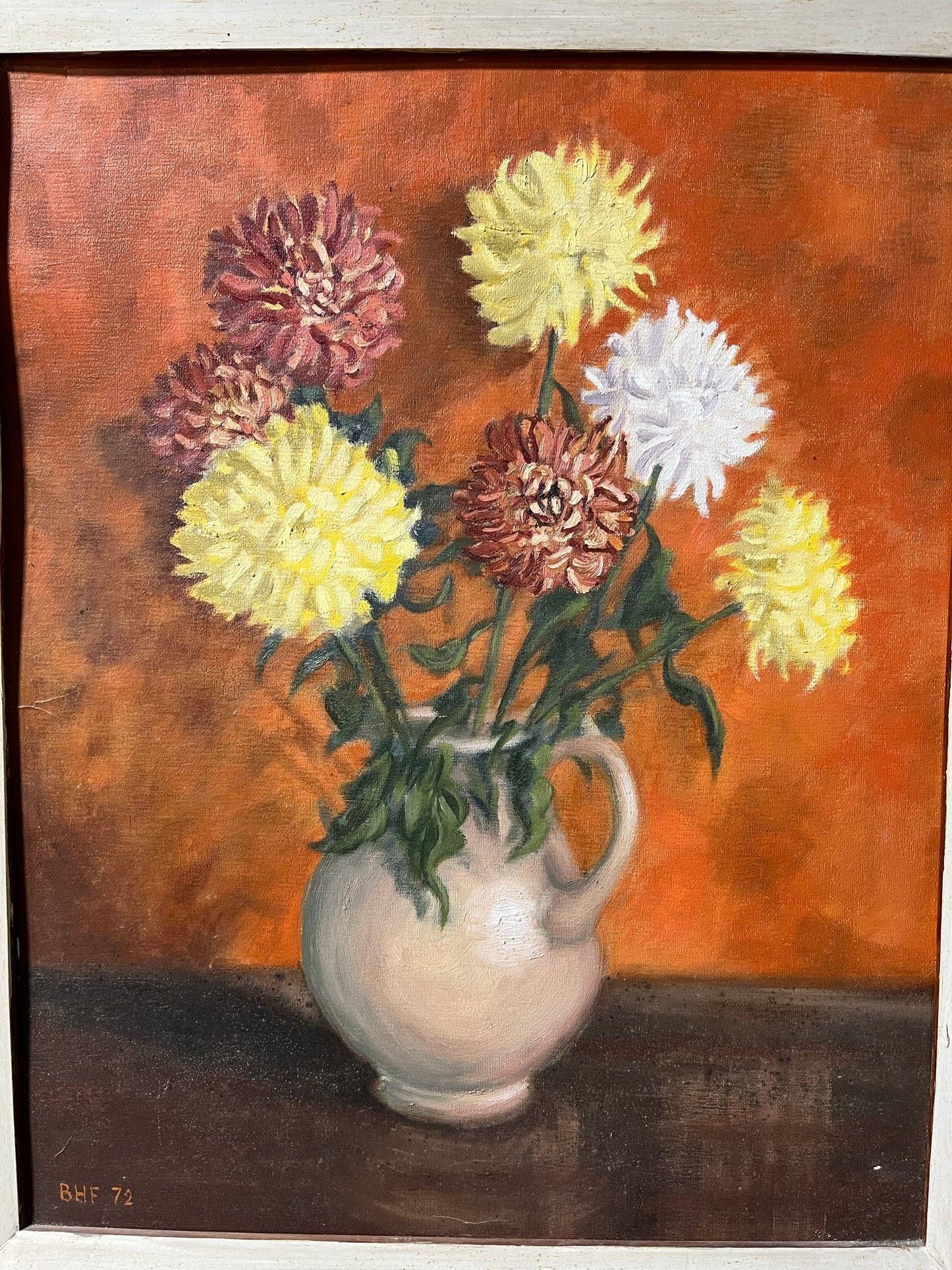 Naïve still life with Chrysanthemums, oil on board, Lord Brian Hilton Flowers, 1972.